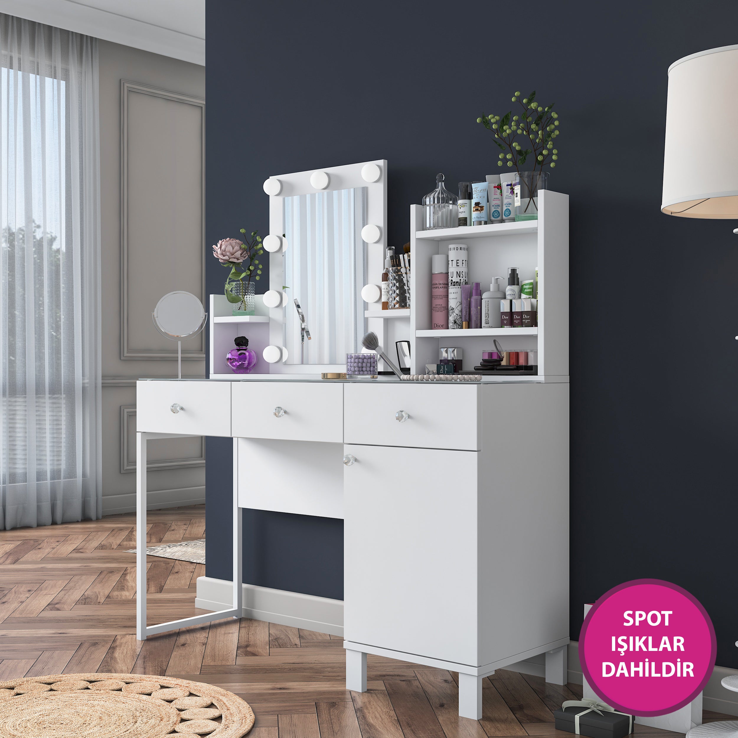 Rani BJ139 Hollywood Işıklı Aynalı Kulis Makyaj Masası Cam Tablalı 3 Çekmeceli Kapaklı Takı Düzenleyici Beyaz