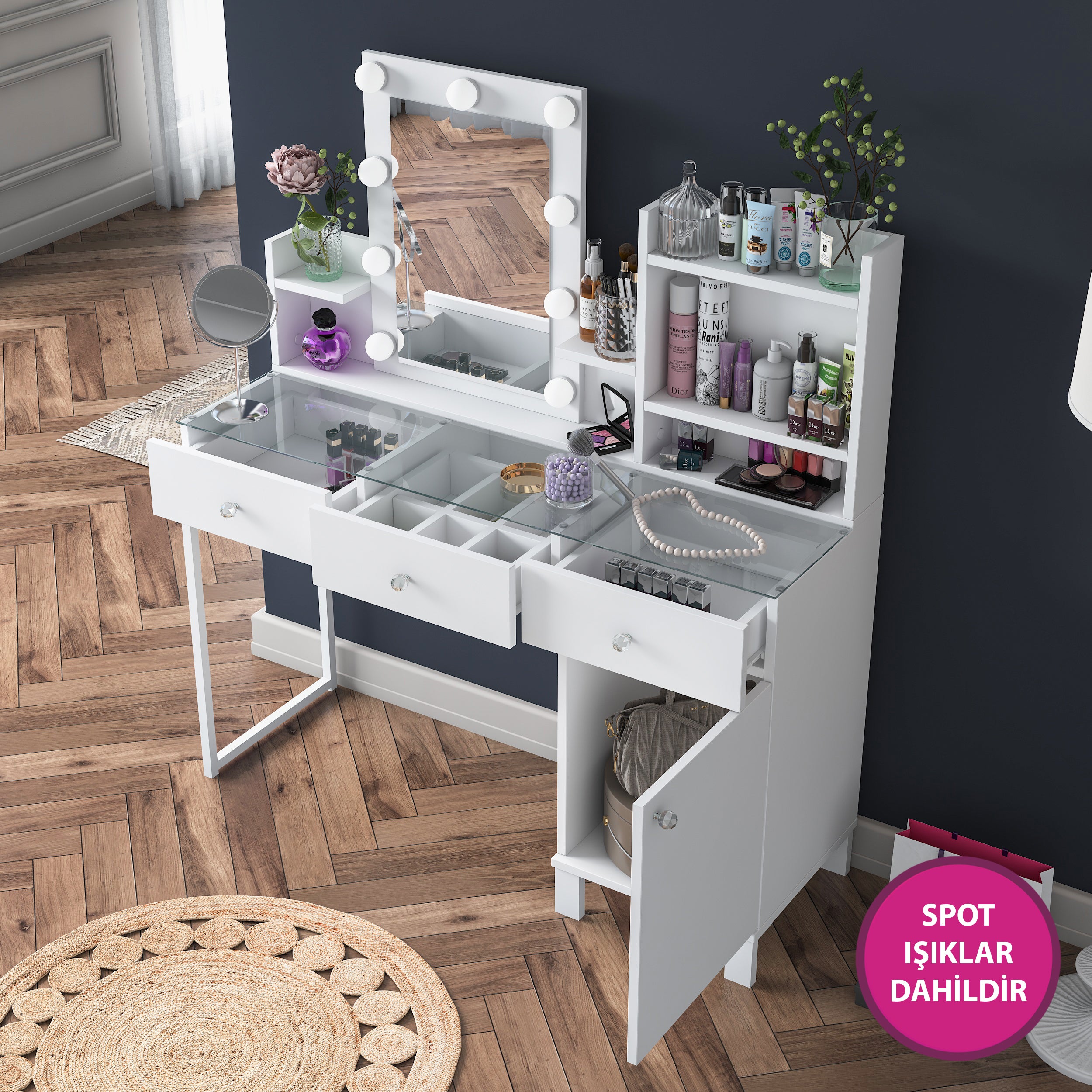 Rani BJ139 Hollywood Işıklı Aynalı Kulis Makyaj Masası Cam Tablalı 3 Çekmeceli Kapaklı Takı Düzenleyici Beyaz