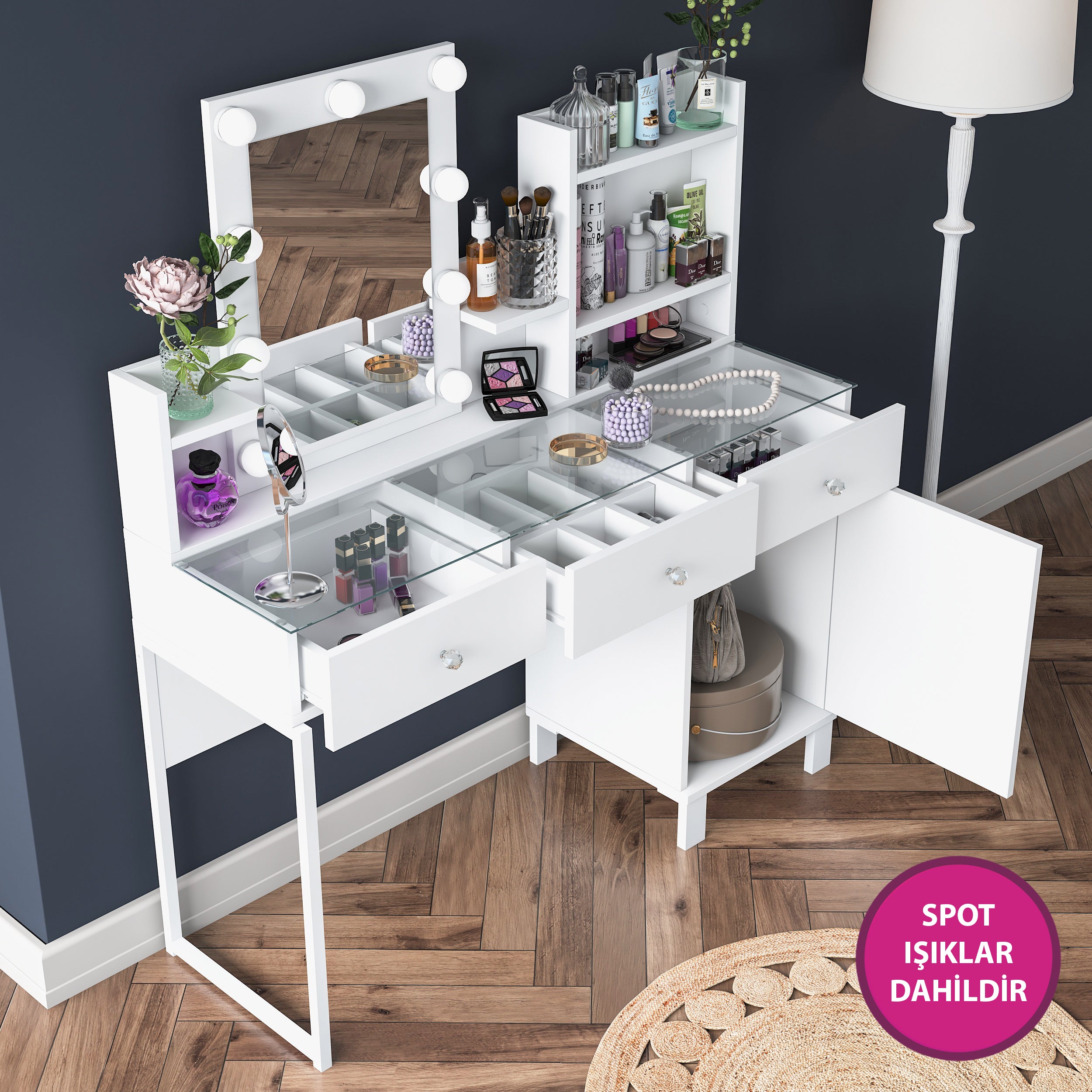 Rani BJ139 Hollywood Işıklı Aynalı Kulis Makyaj Masası Cam Tablalı 3 Çekmeceli Kapaklı Takı Düzenleyici Beyaz
