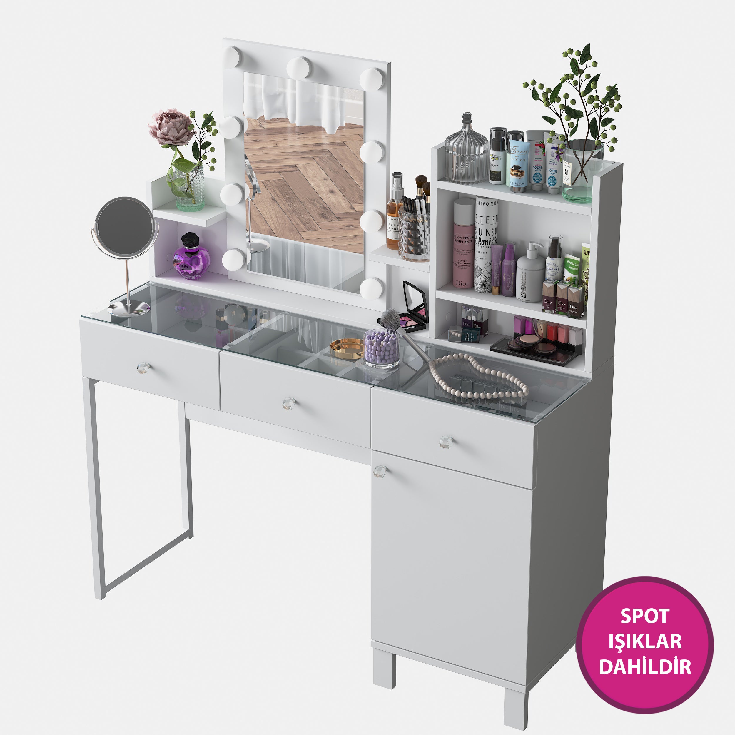 Rani BJ139 Hollywood Işıklı Aynalı Kulis Makyaj Masası Cam Tablalı 3 Çekmeceli Kapaklı Takı Düzenleyici Beyaz
