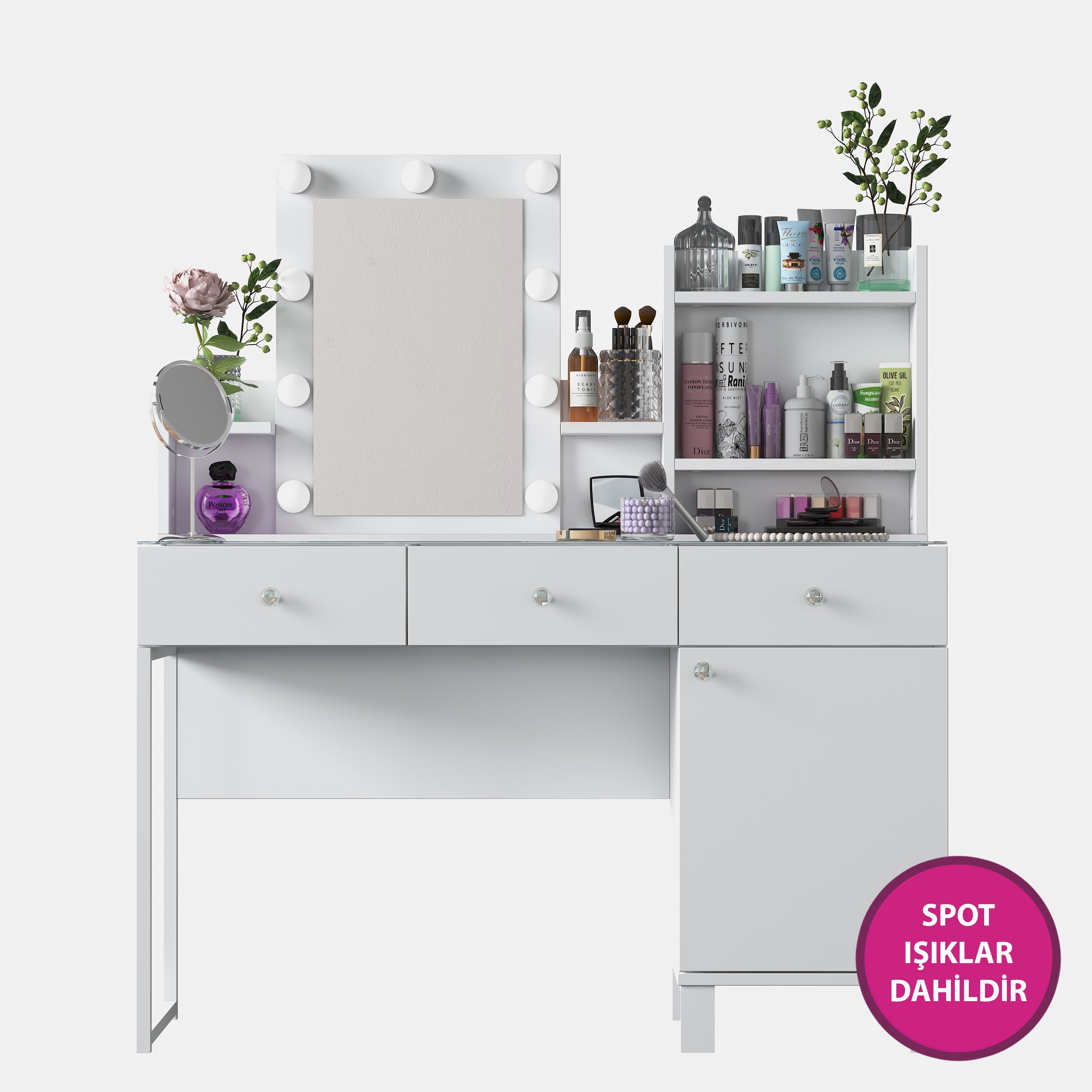 Rani BJ139 Hollywood Işıklı Aynalı Kulis Makyaj Masası Cam Tablalı 3 Çekmeceli Kapaklı Takı Düzenleyici Beyaz