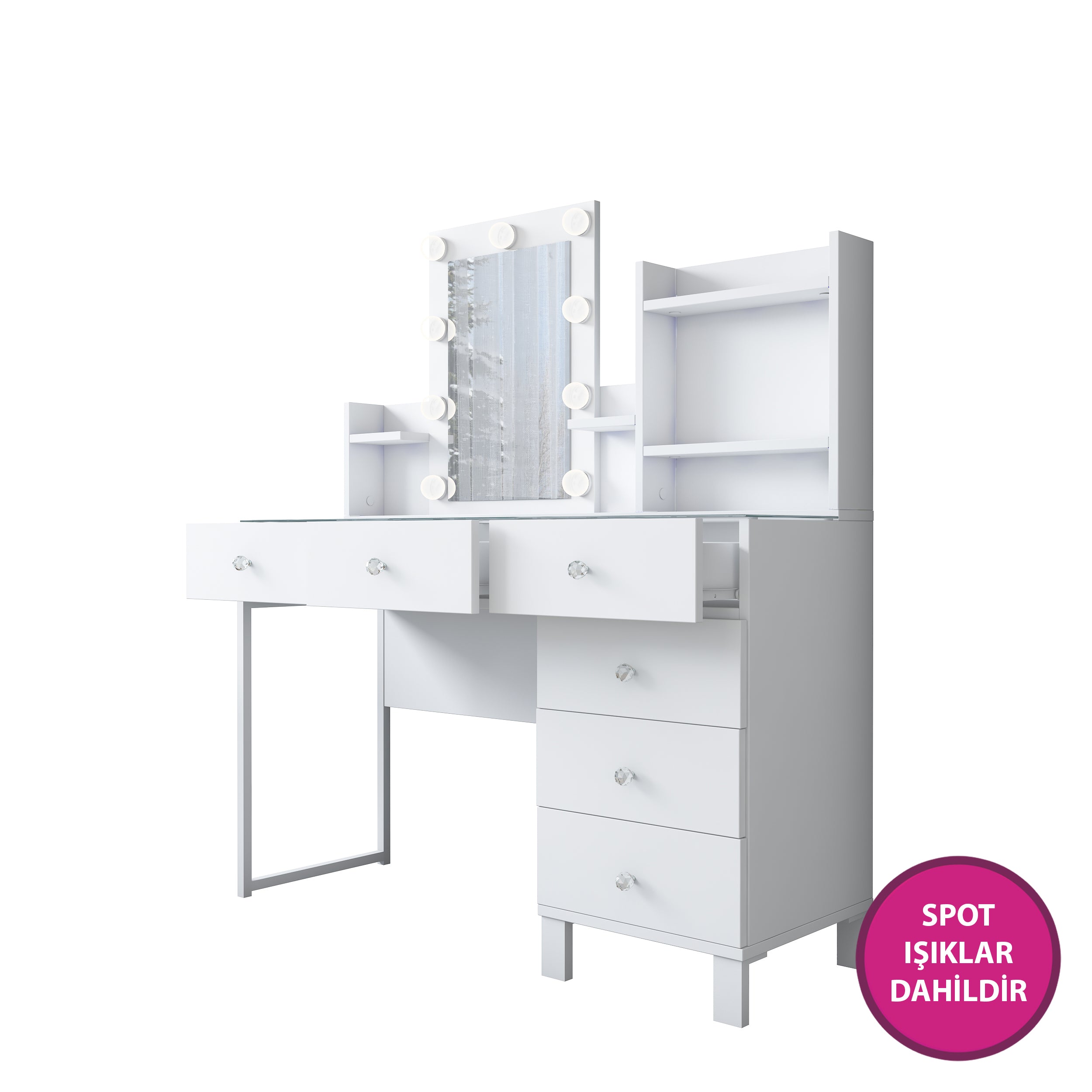 Rani BJ141 Hollywood Işıklı Aynalı Kulis Makyaj Masası Cam Tablalı 6 Çekmeceli Takı Düzenleyici Beyaz