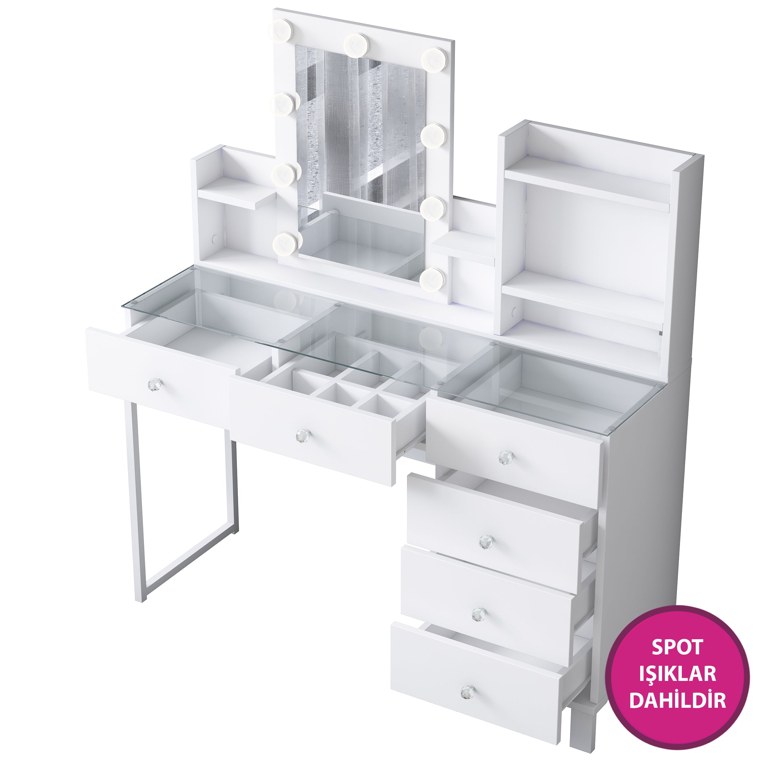 Rani BJ141 Hollywood Işıklı Aynalı Kulis Makyaj Masası Cam Tablalı 6 Çekmeceli Takı Düzenleyici Beyaz
