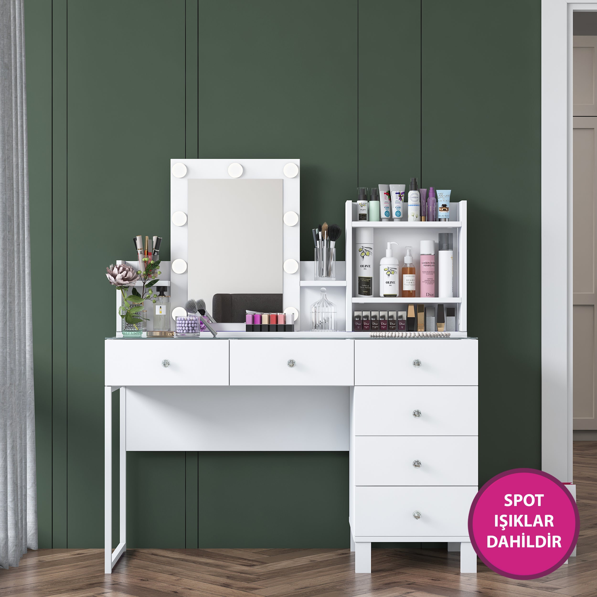 Rani BJ141 Hollywood Işıklı Aynalı Kulis Makyaj Masası Cam Tablalı 6 Çekmeceli Takı Düzenleyici Beyaz