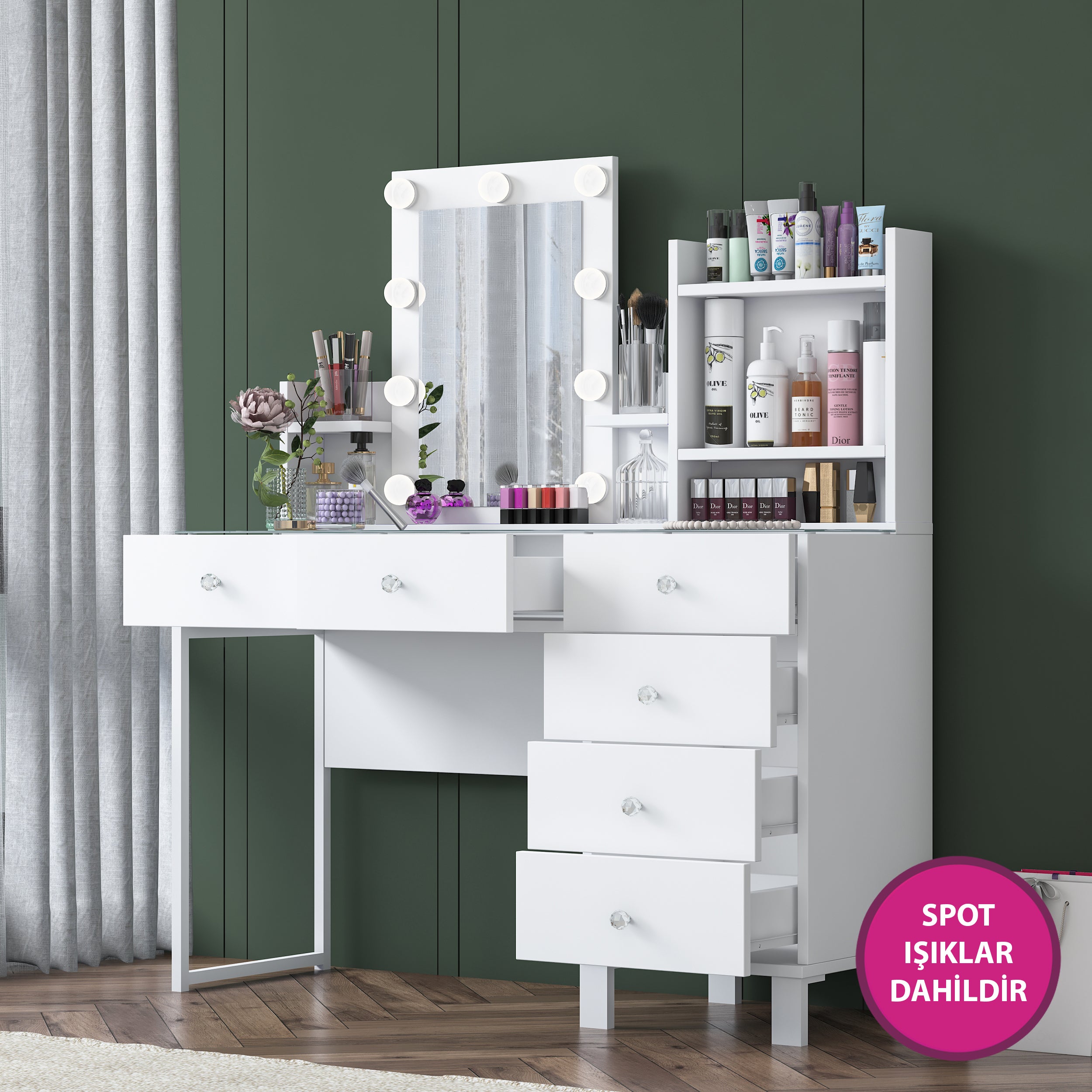 Rani BJ141 Hollywood Işıklı Aynalı Kulis Makyaj Masası Cam Tablalı 6 Çekmeceli Takı Düzenleyici Beyaz