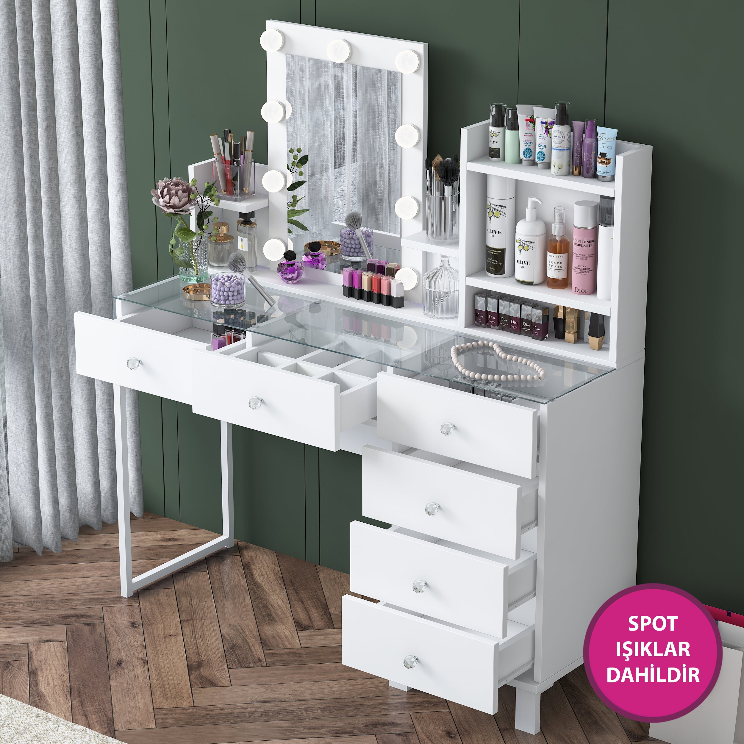 Rani BJ141 Hollywood Işıklı Aynalı Kulis Makyaj Masası Cam Tablalı 6 Çekmeceli Takı Düzenleyici Beyaz