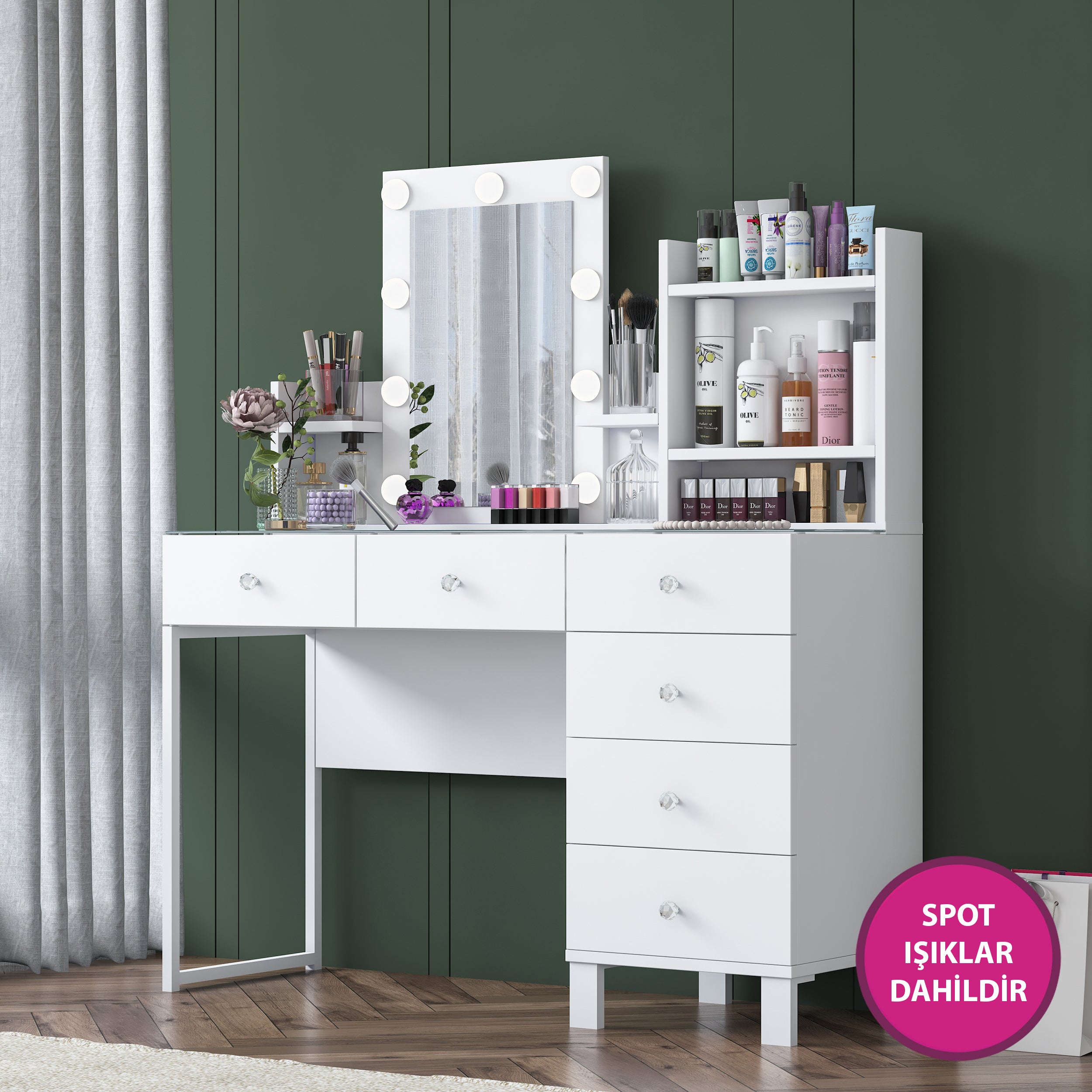 Rani BJ141 Hollywood Işıklı Aynalı Kulis Makyaj Masası Cam Tablalı 6 Çekmeceli Takı Düzenleyici Beyaz