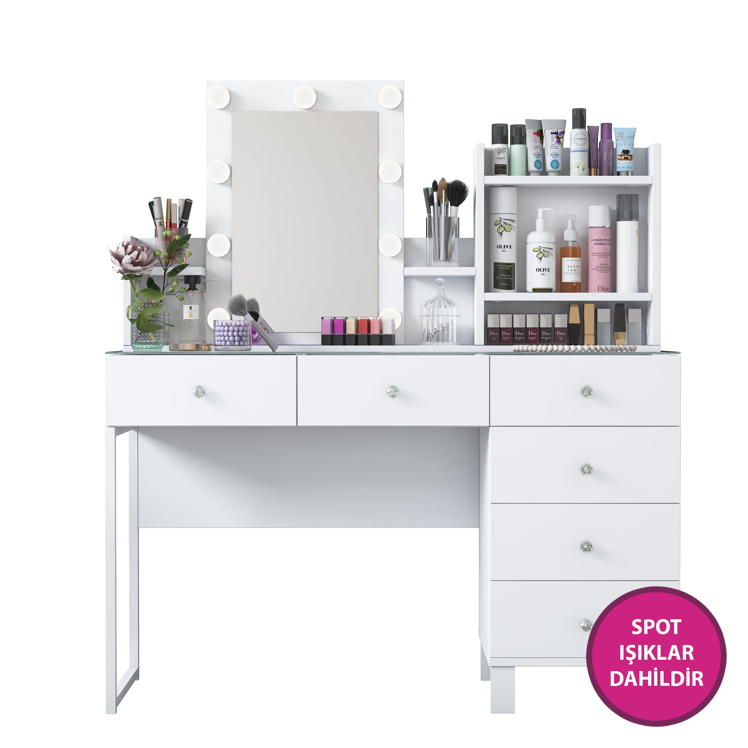 Rani BJ141 Hollywood Işıklı Aynalı Kulis Makyaj Masası Cam Tablalı 6 Çekmeceli Takı Düzenleyici Beyaz