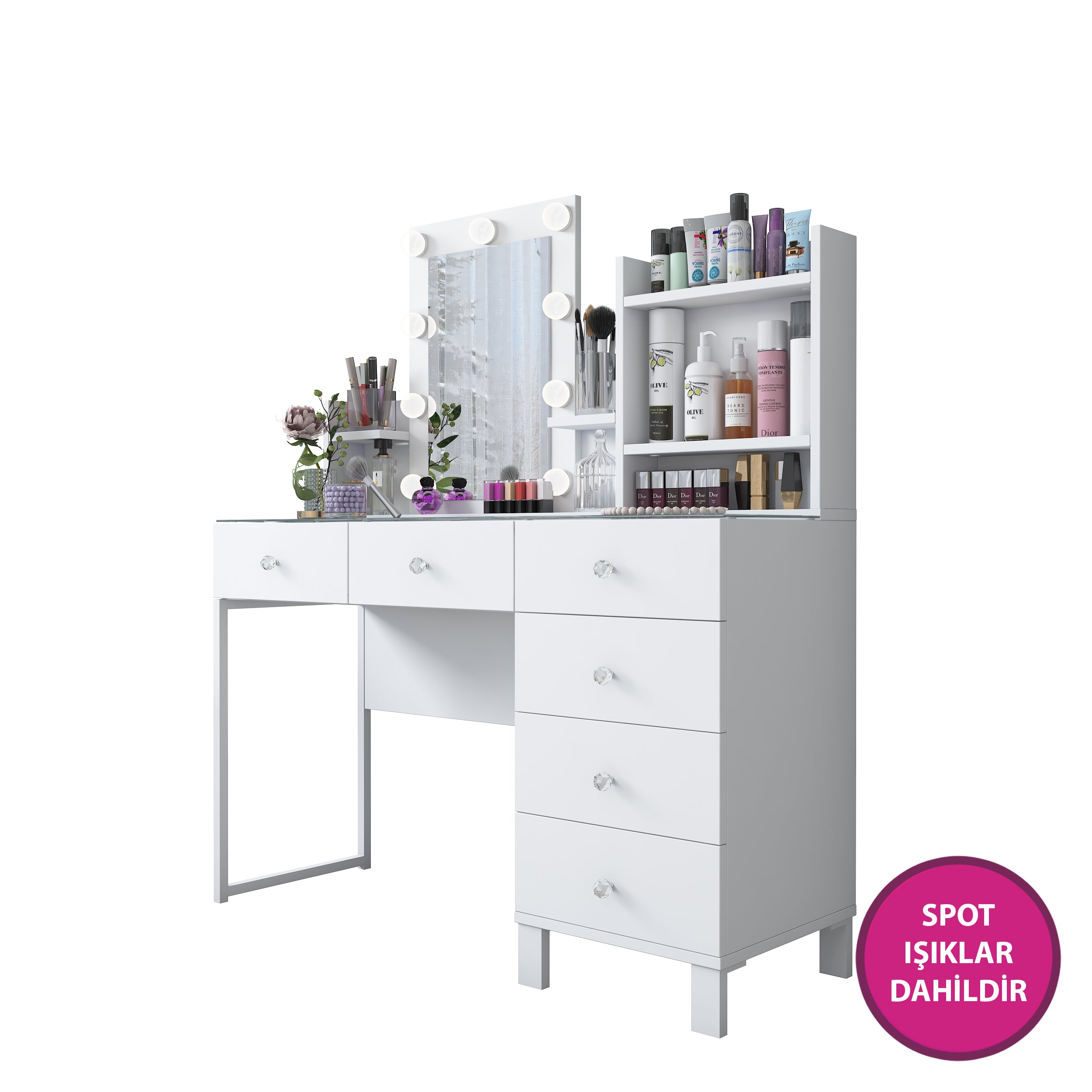 Rani BJ141 Hollywood Işıklı Aynalı Kulis Makyaj Masası Cam Tablalı 6 Çekmeceli Takı Düzenleyici Beyaz