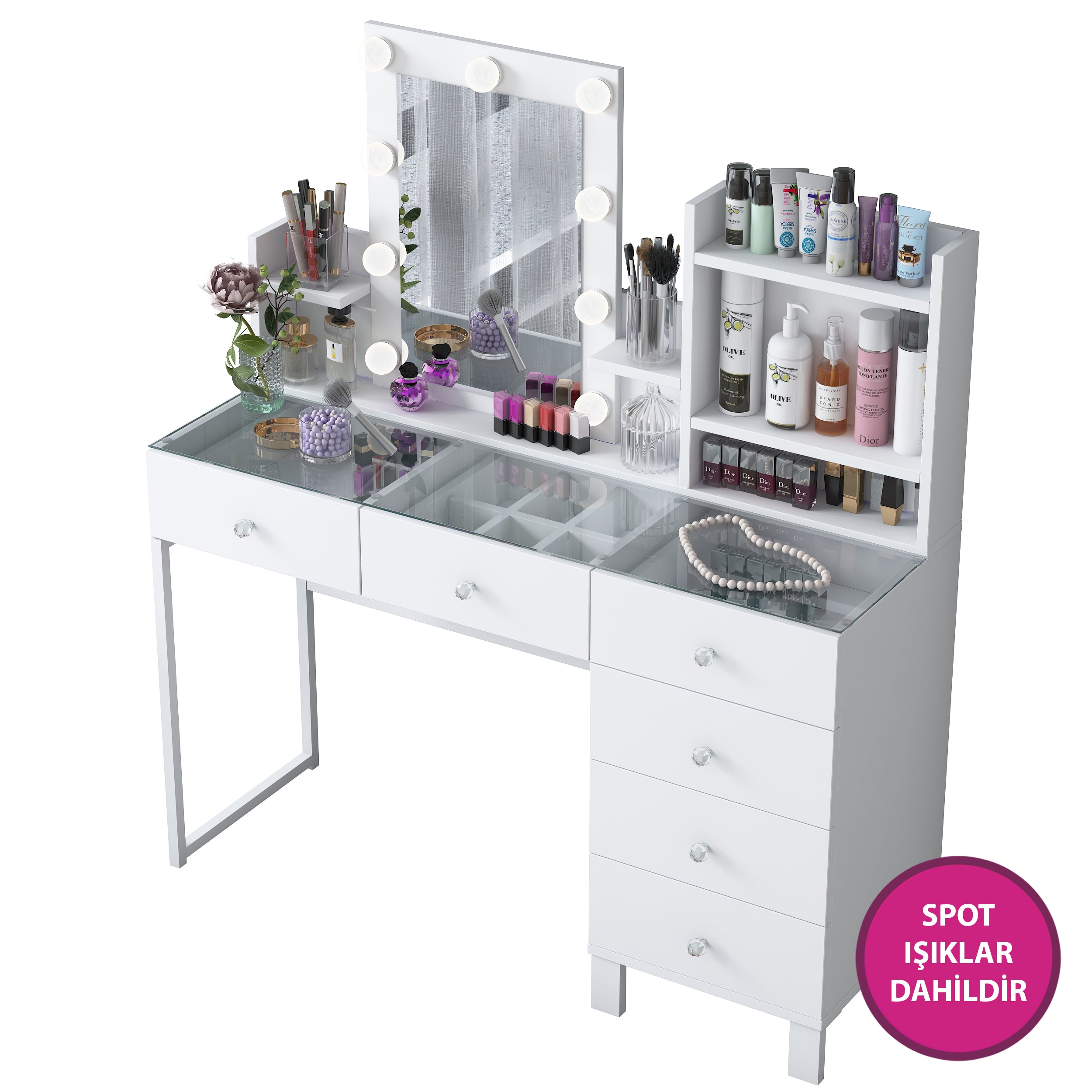 Rani BJ141 Hollywood Işıklı Aynalı Kulis Makyaj Masası Cam Tablalı 6 Çekmeceli Takı Düzenleyici Beyaz