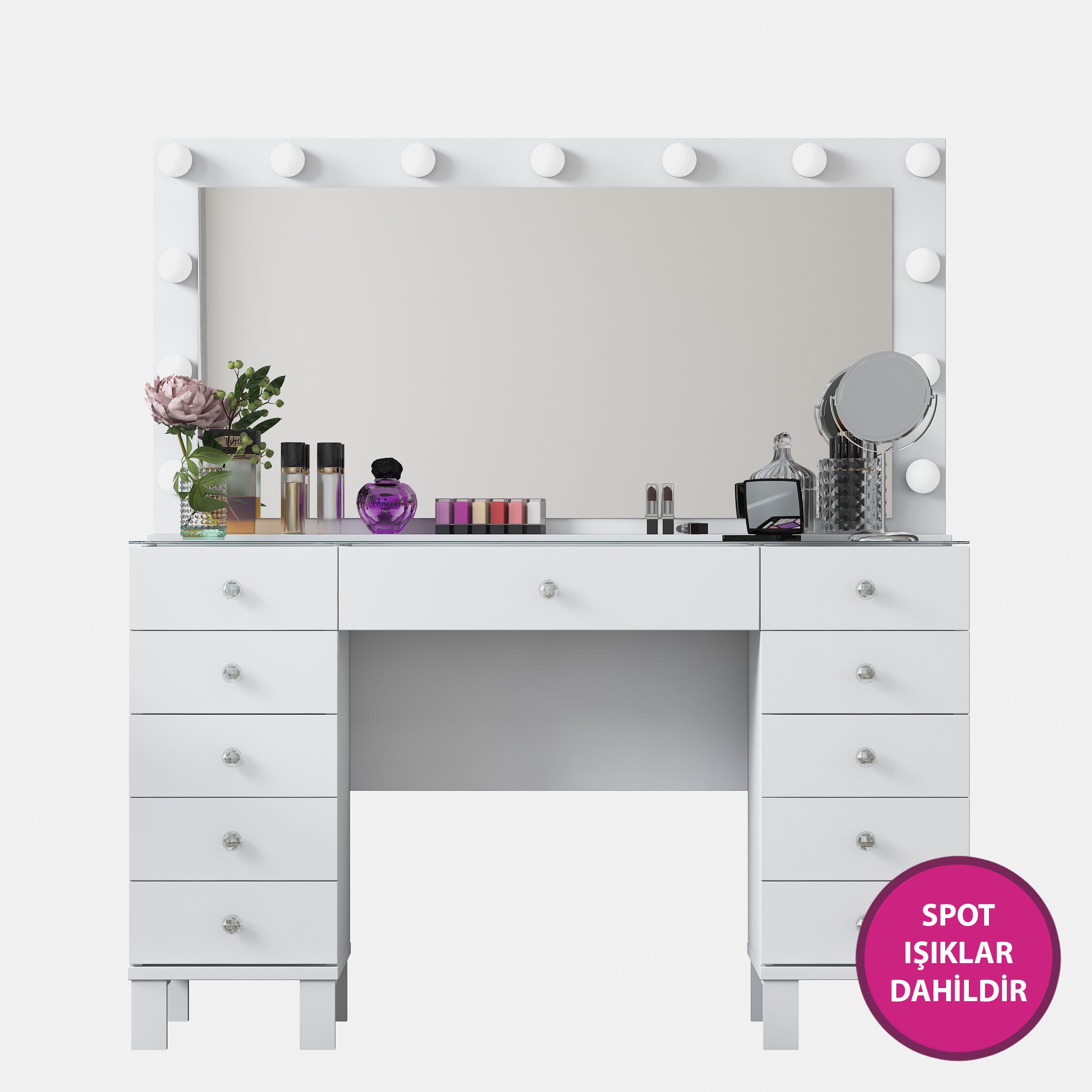 Rani BJ137 Hollywood Işıklı Aynalı Kulis Makyaj Masası Cam Tablalı 11 Çekmeceli Takı Düzenleyici Beyaz