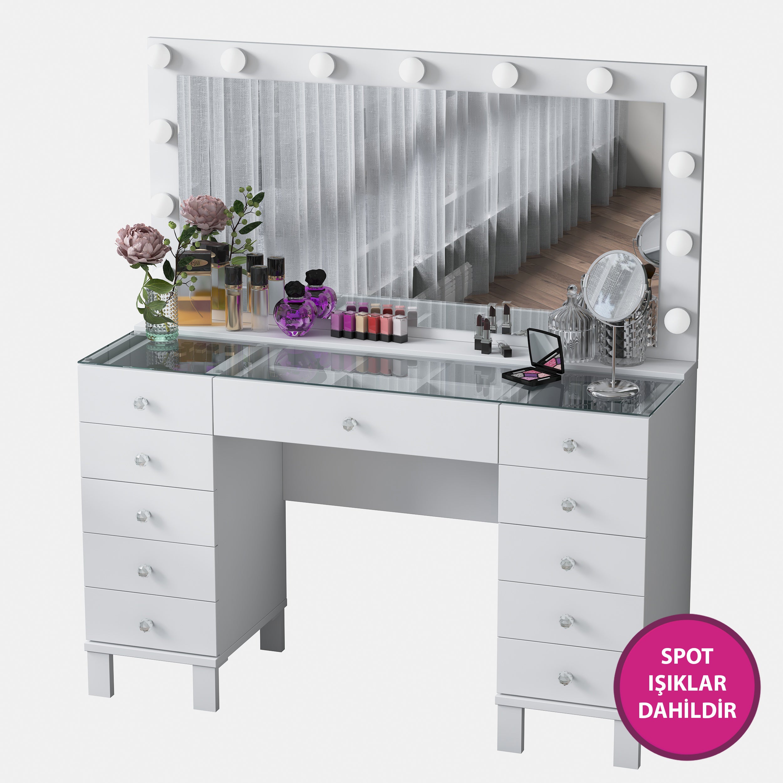Rani BJ137 Hollywood Işıklı Aynalı Kulis Makyaj Masası Cam Tablalı 11 Çekmeceli Takı Düzenleyici Beyaz