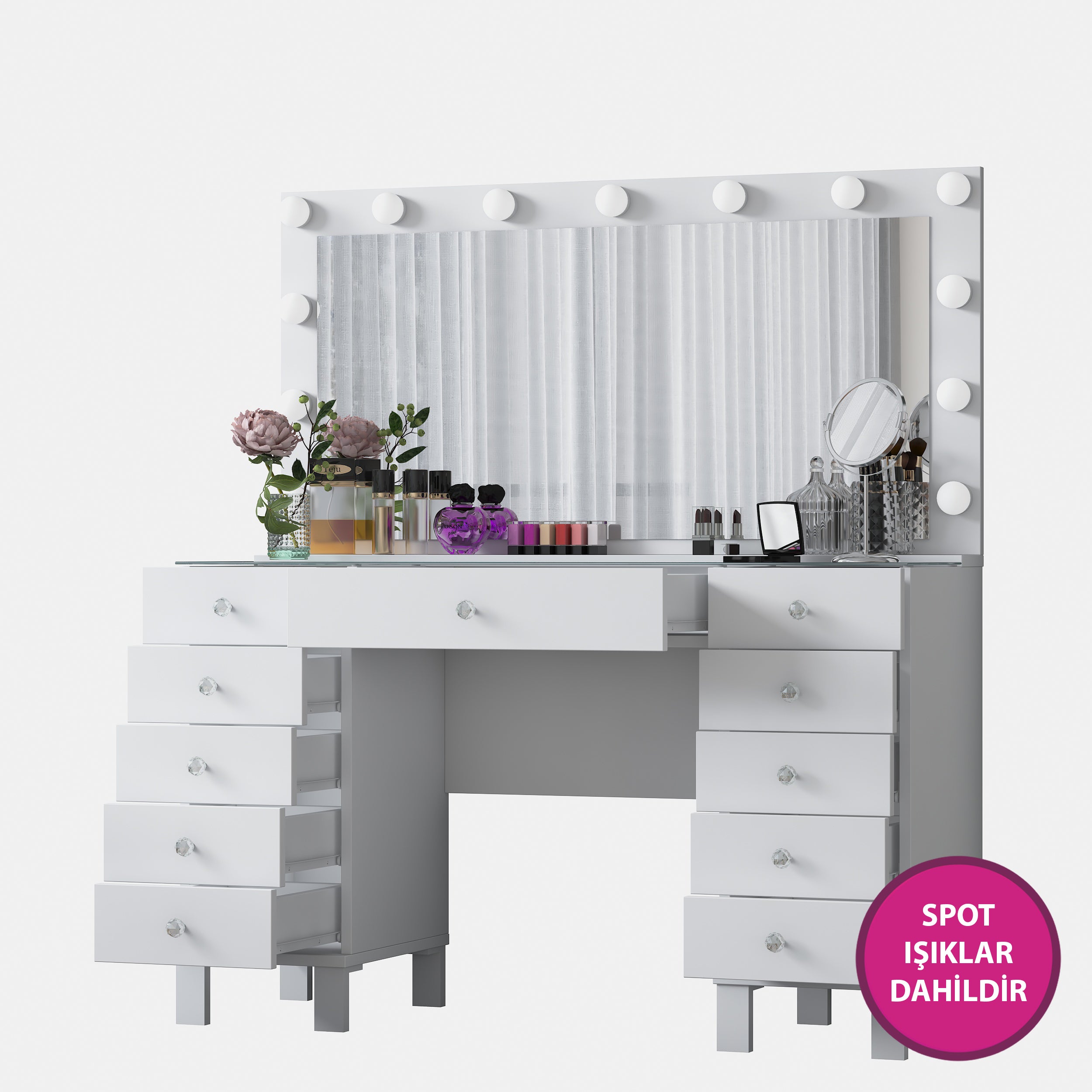 Rani BJ137 Hollywood Işıklı Aynalı Kulis Makyaj Masası Cam Tablalı 11 Çekmeceli Takı Düzenleyici Beyaz