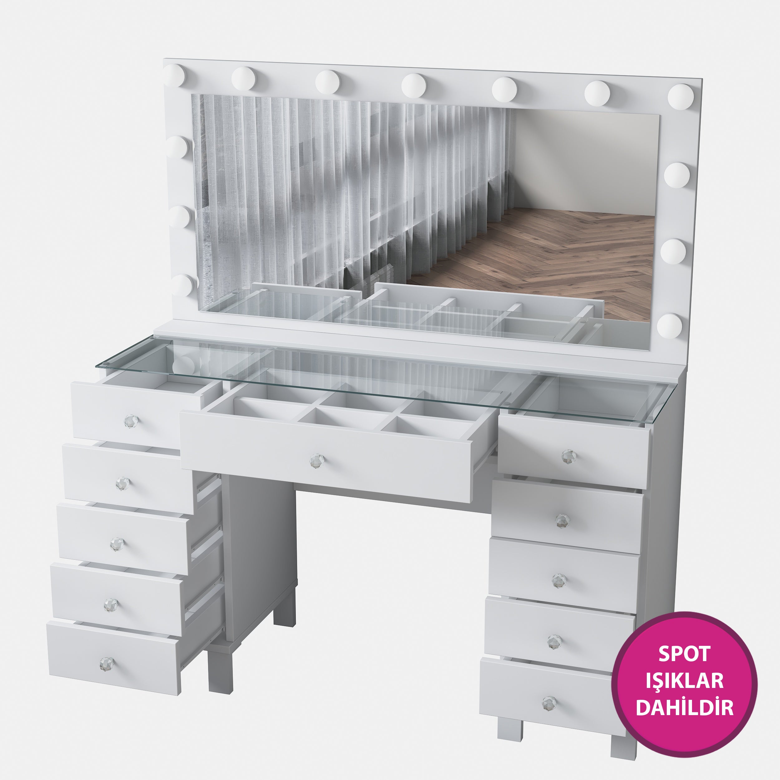 Rani BJ137 Hollywood Işıklı Aynalı Kulis Makyaj Masası Cam Tablalı 11 Çekmeceli Takı Düzenleyici Beyaz