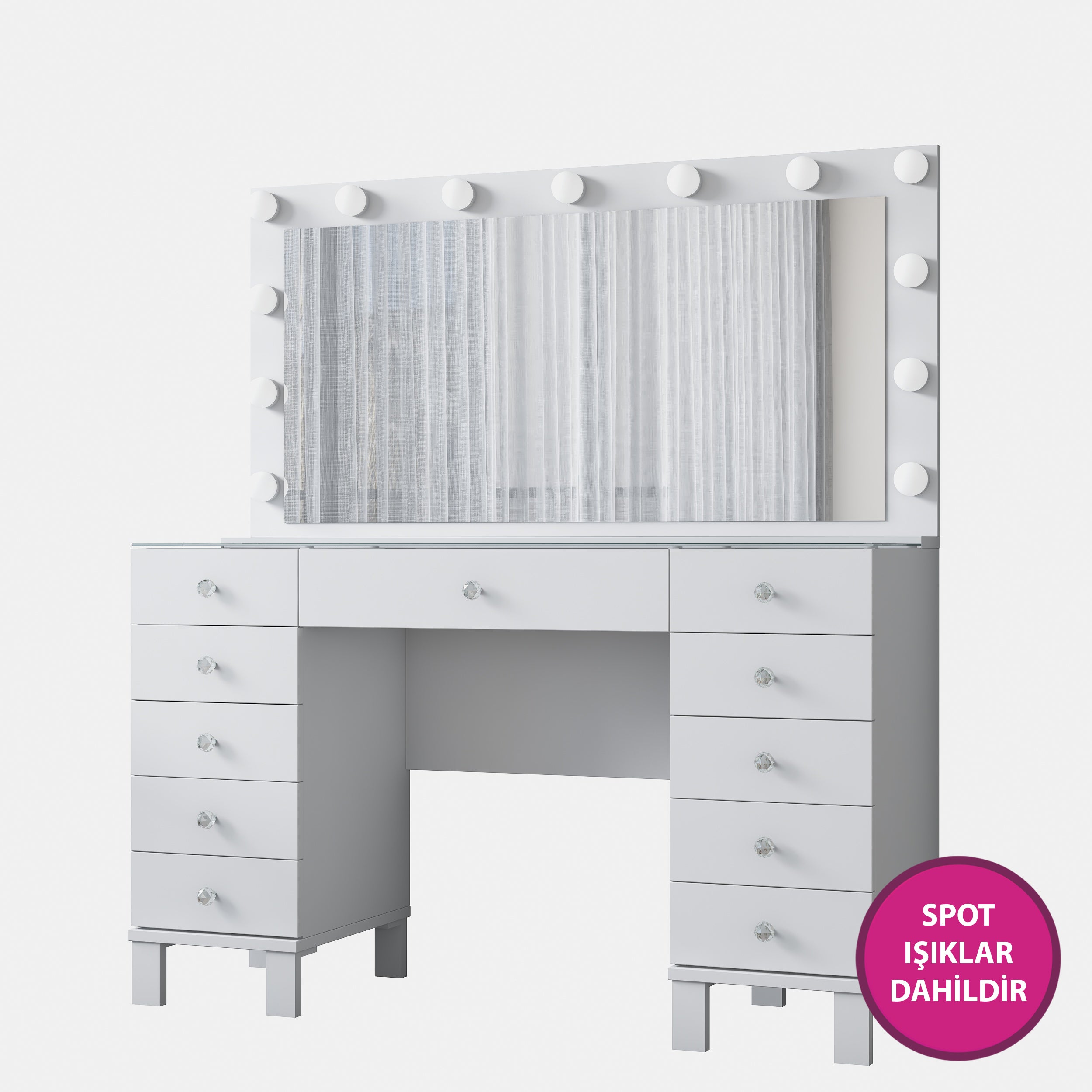 Rani BJ137 Hollywood Işıklı Aynalı Kulis Makyaj Masası Cam Tablalı 11 Çekmeceli Takı Düzenleyici Beyaz