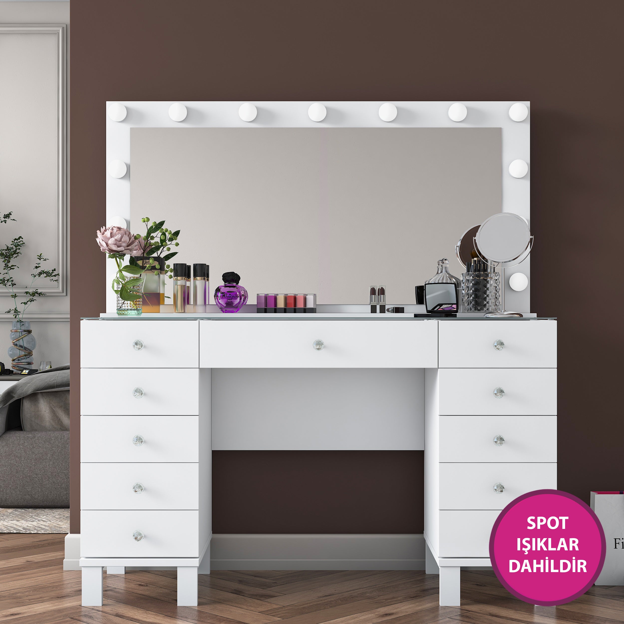 Rani BJ137 Hollywood Işıklı Aynalı Kulis Makyaj Masası Cam Tablalı 11 Çekmeceli Takı Düzenleyici Beyaz