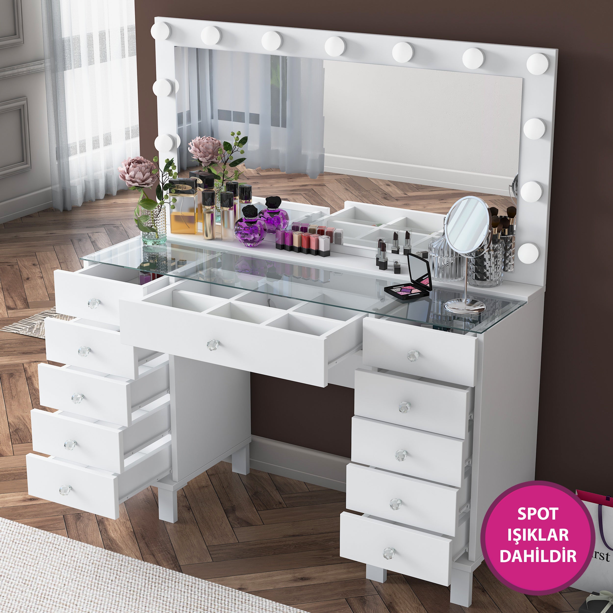 Rani BJ137 Hollywood Işıklı Aynalı Kulis Makyaj Masası Cam Tablalı 11 Çekmeceli Takı Düzenleyici Beyaz