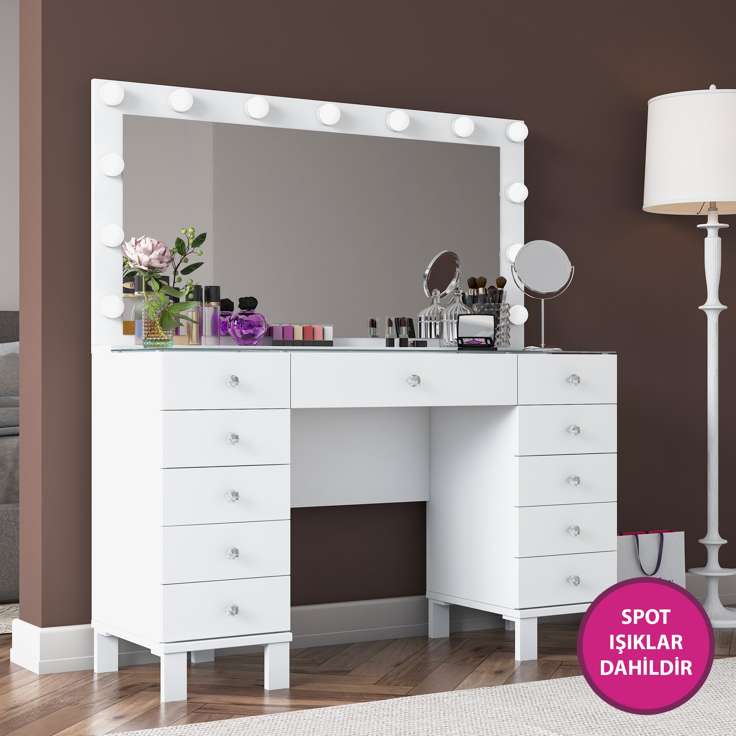 Rani BJ137 Hollywood Işıklı Aynalı Kulis Makyaj Masası Cam Tablalı 11 Çekmeceli Takı Düzenleyici Beyaz