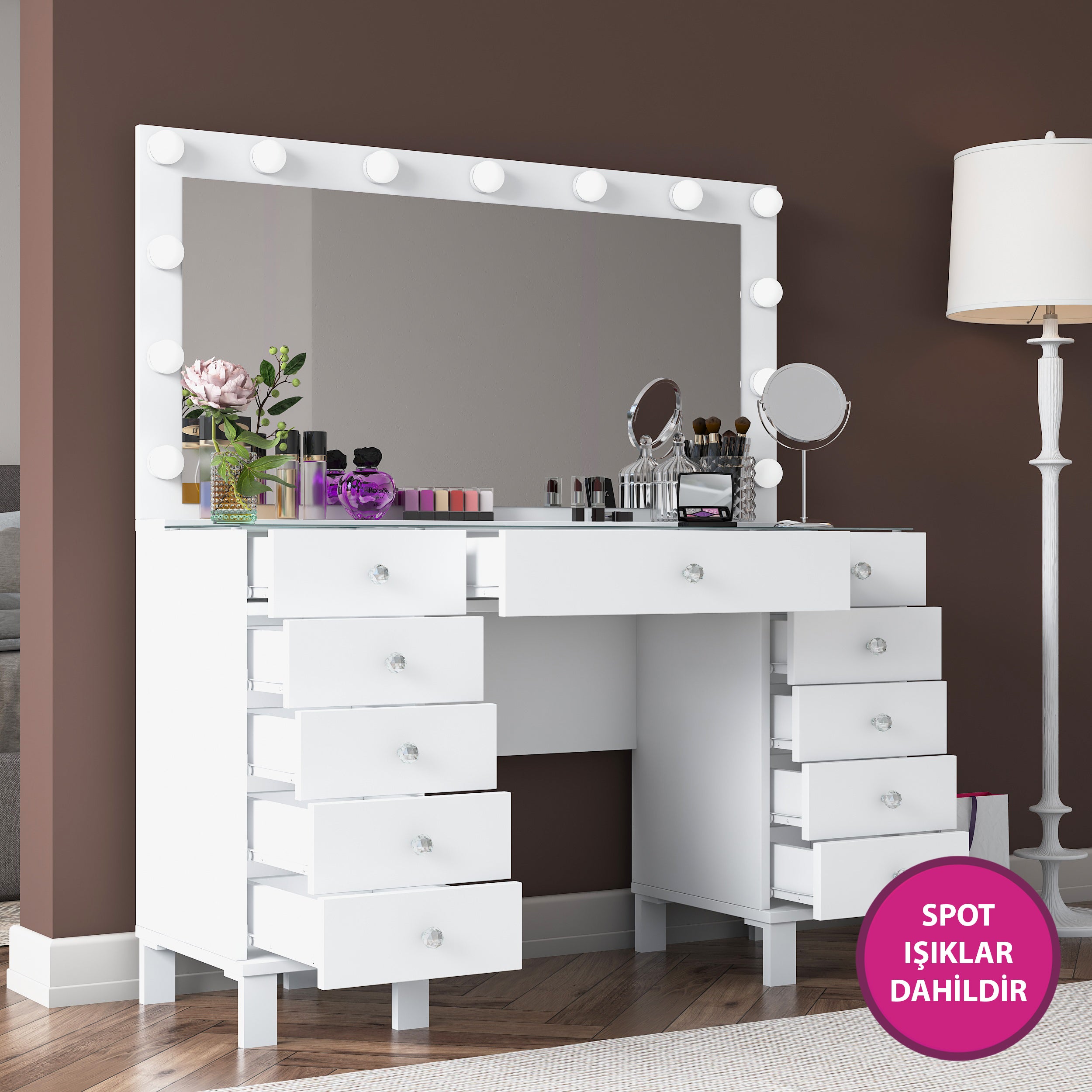 Rani BJ137 Hollywood Işıklı Aynalı Kulis Makyaj Masası Cam Tablalı 11 Çekmeceli Takı Düzenleyici Beyaz