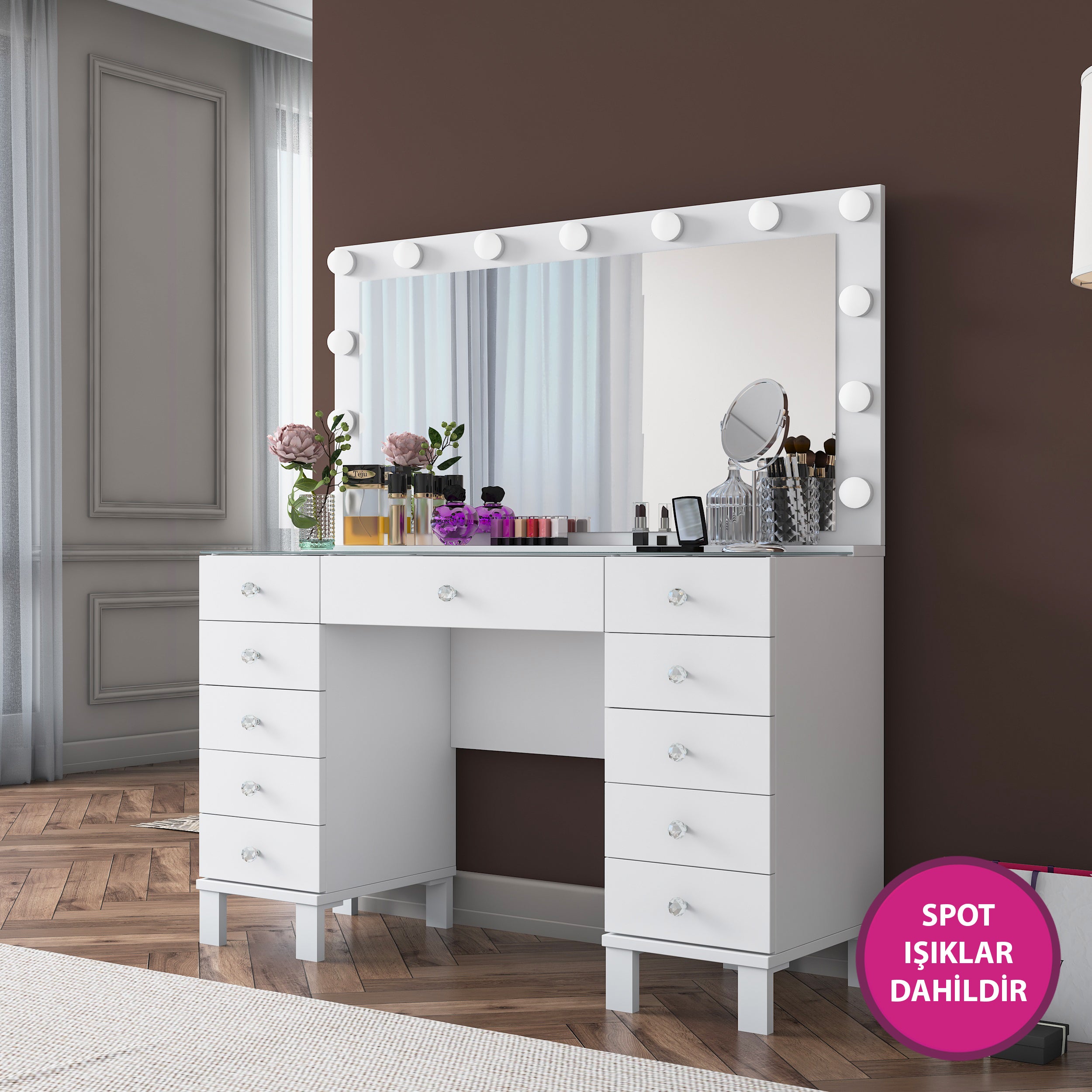 Rani BJ137 Hollywood Işıklı Aynalı Kulis Makyaj Masası Cam Tablalı 11 Çekmeceli Takı Düzenleyici Beyaz