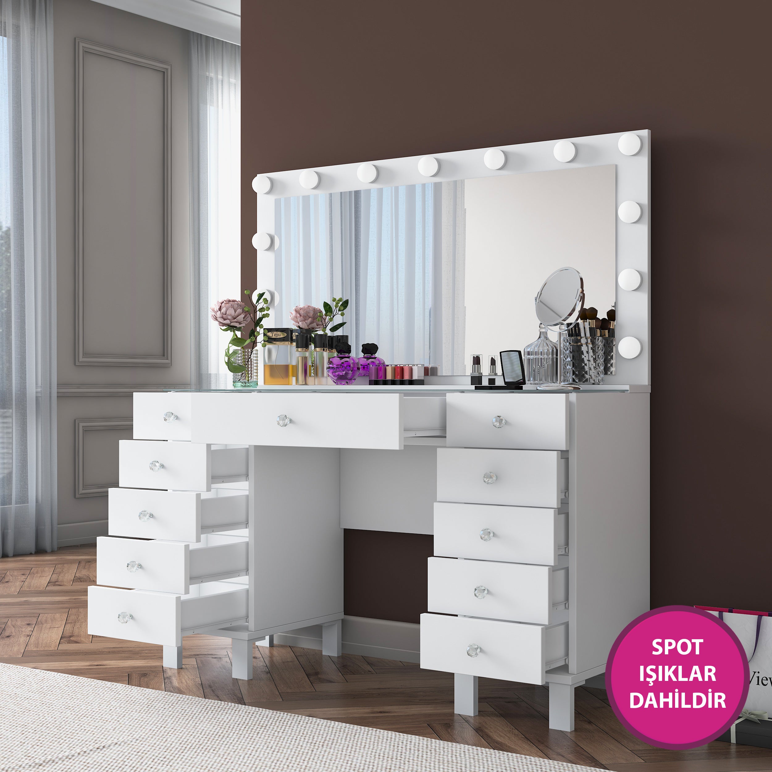 Rani BJ137 Hollywood Işıklı Aynalı Kulis Makyaj Masası Cam Tablalı 11 Çekmeceli Takı Düzenleyici Beyaz