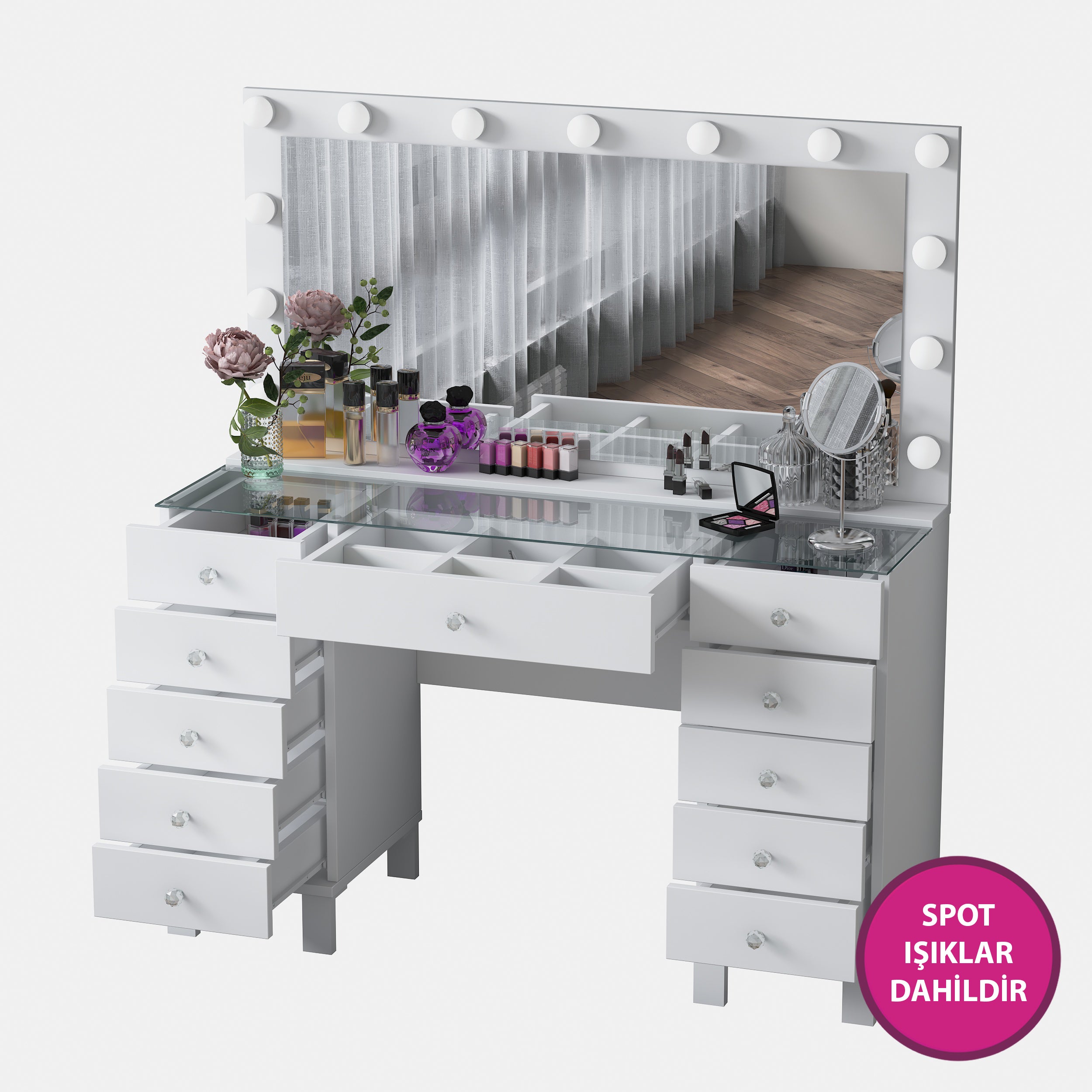 Rani BJ137 Hollywood Işıklı Aynalı Kulis Makyaj Masası Cam Tablalı 11 Çekmeceli Takı Düzenleyici Beyaz