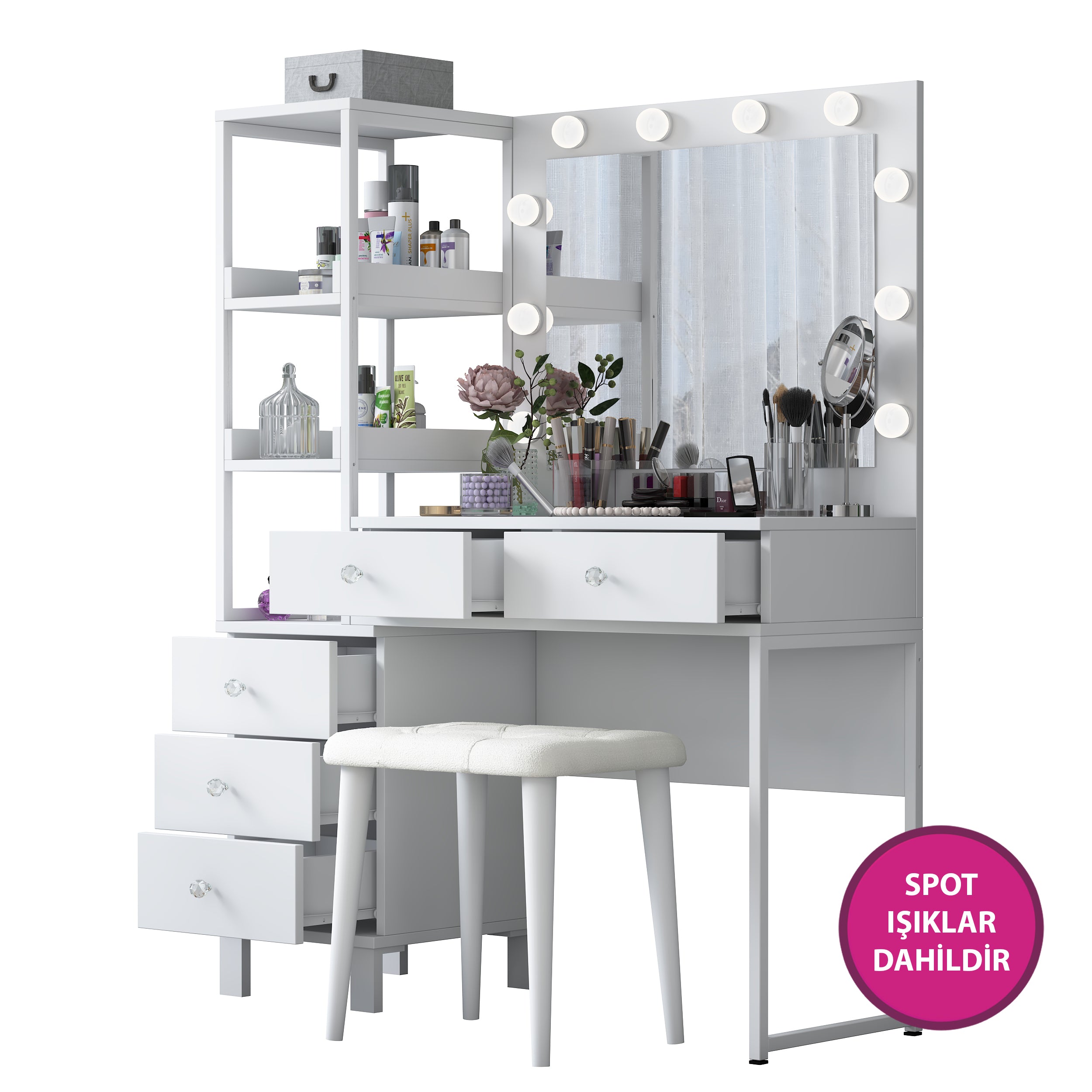 Rani BJ155 Makyaj Masası 5 Çekmeceli Raflı Işıklı Aynalı Takı Düzenleyici Puf Takım Beyaz