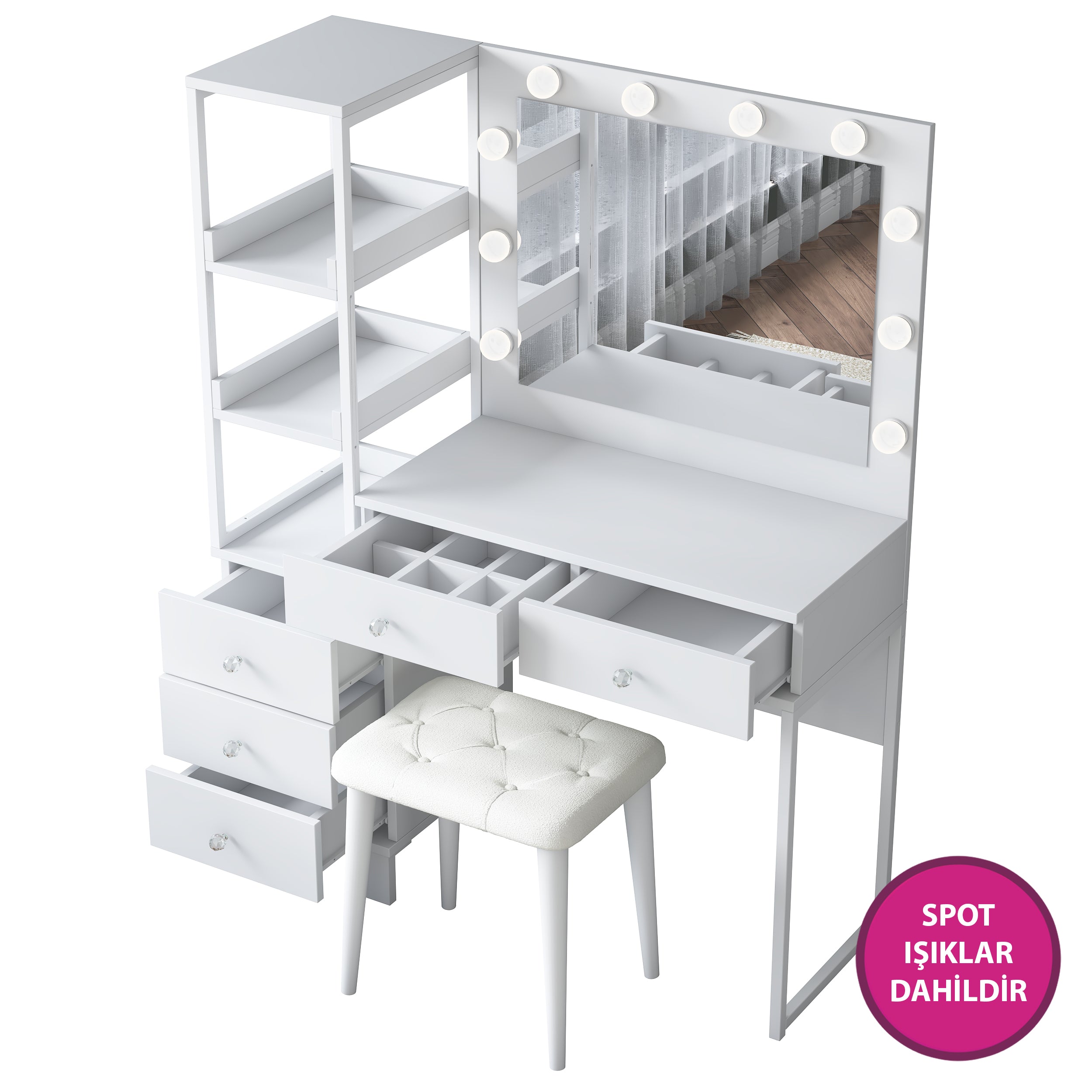 Rani BJ155 Makyaj Masası 5 Çekmeceli Raflı Işıklı Aynalı Takı Düzenleyici Puf Takım Beyaz