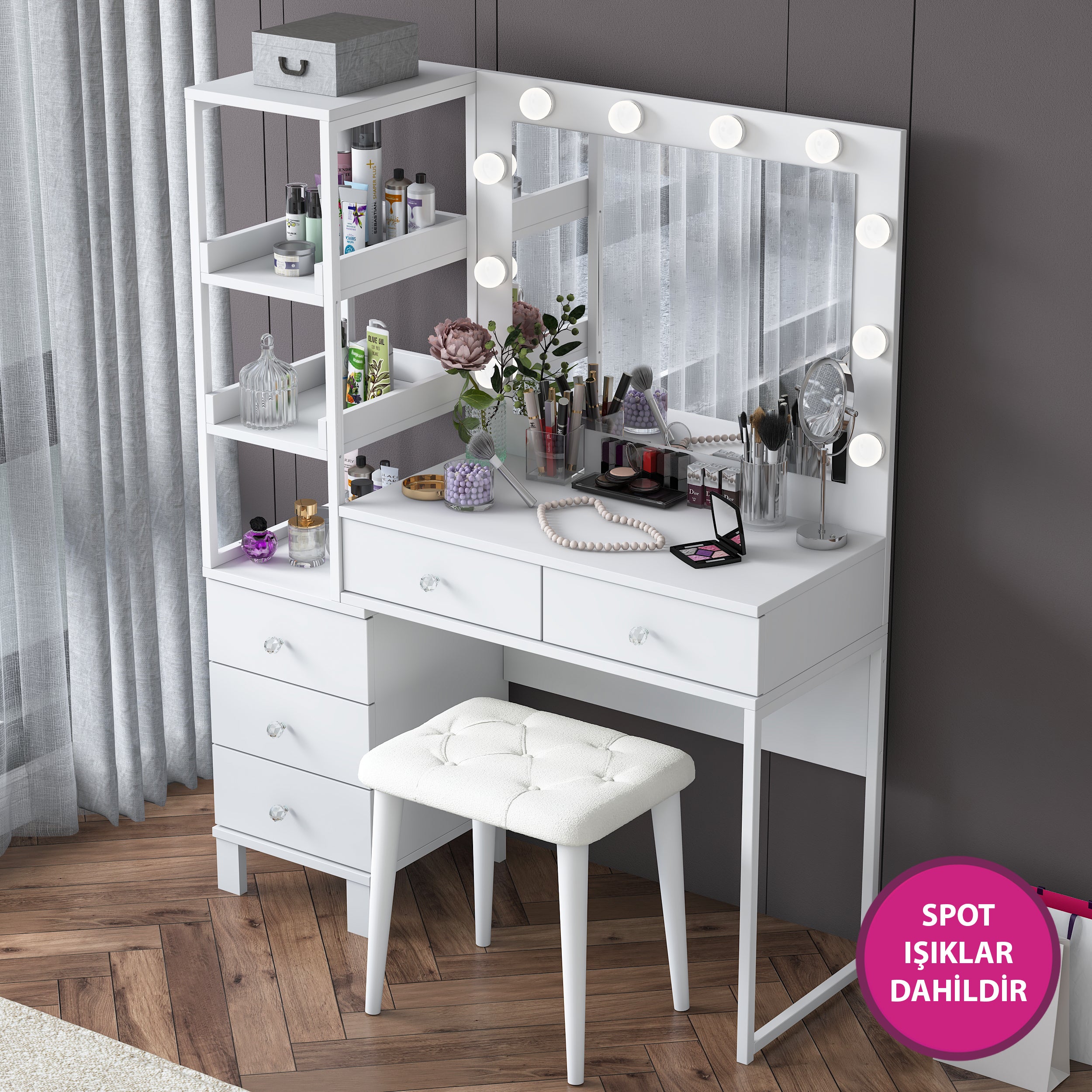 Rani BJ155 Makyaj Masası 5 Çekmeceli Raflı Işıklı Aynalı Takı Düzenleyici Puf Takım Beyaz
