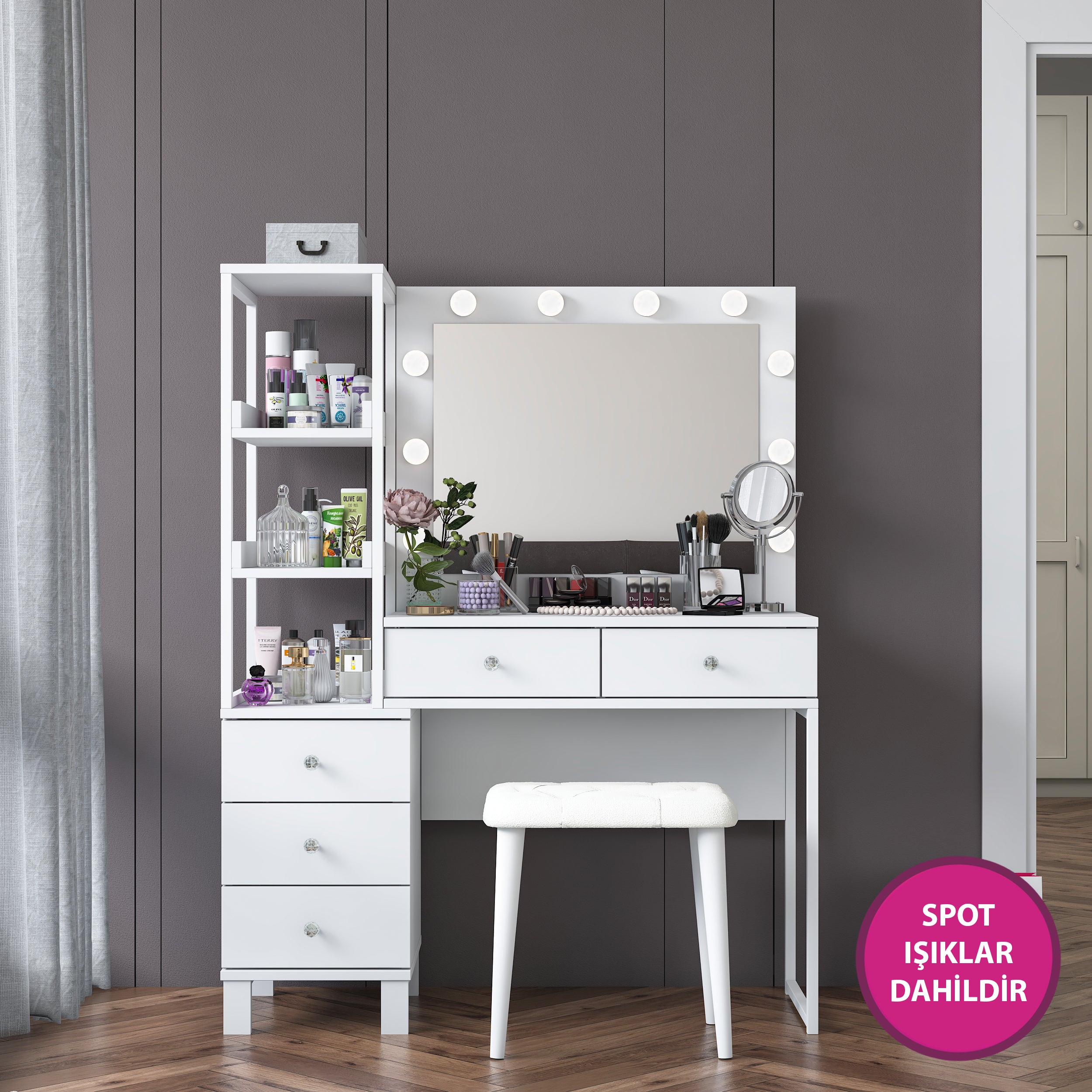 Rani BJ155 Makyaj Masası 5 Çekmeceli Raflı Işıklı Aynalı Takı Düzenleyici Puf Takım Beyaz