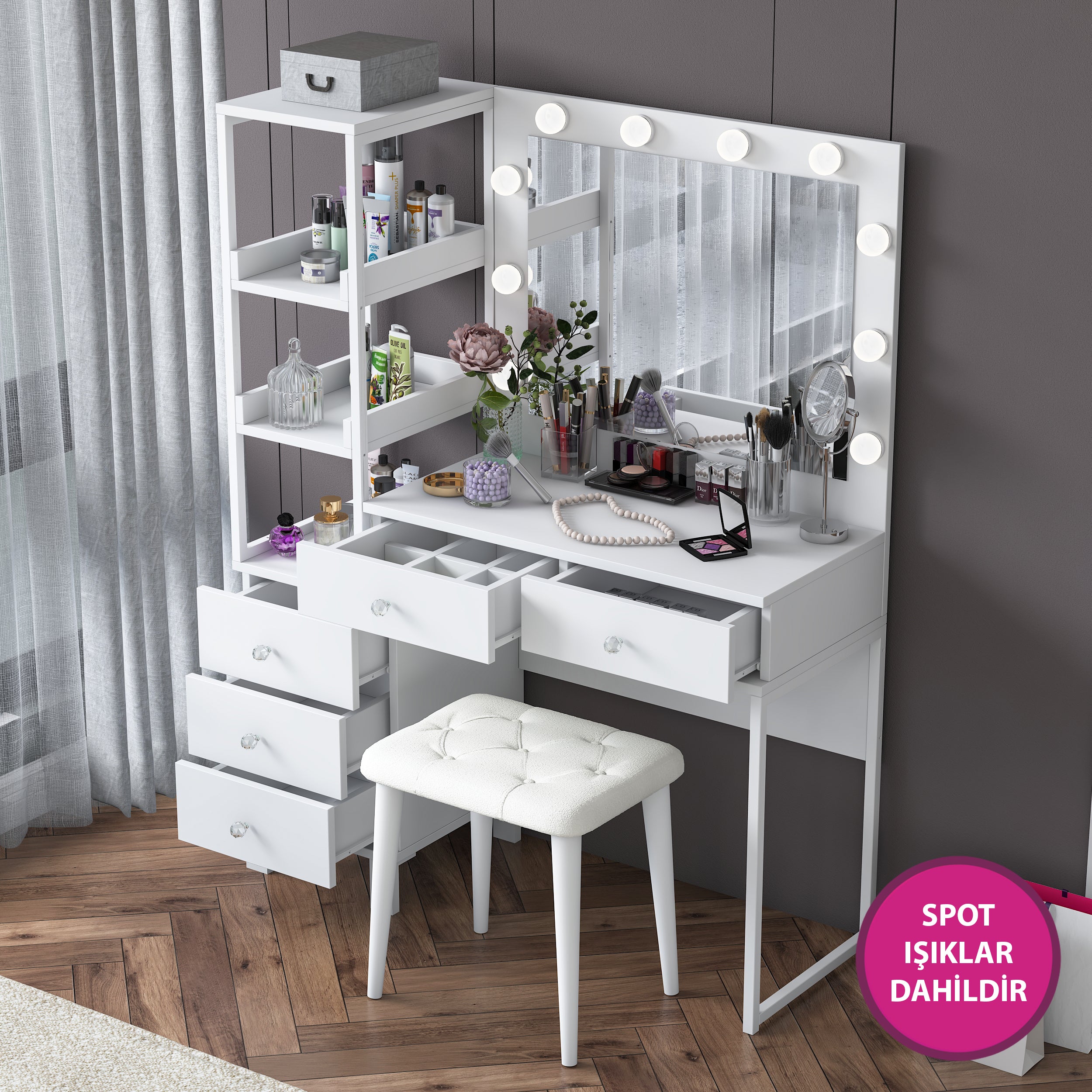 Rani BJ155 Makyaj Masası 5 Çekmeceli Raflı Işıklı Aynalı Takı Düzenleyici Puf Takım Beyaz