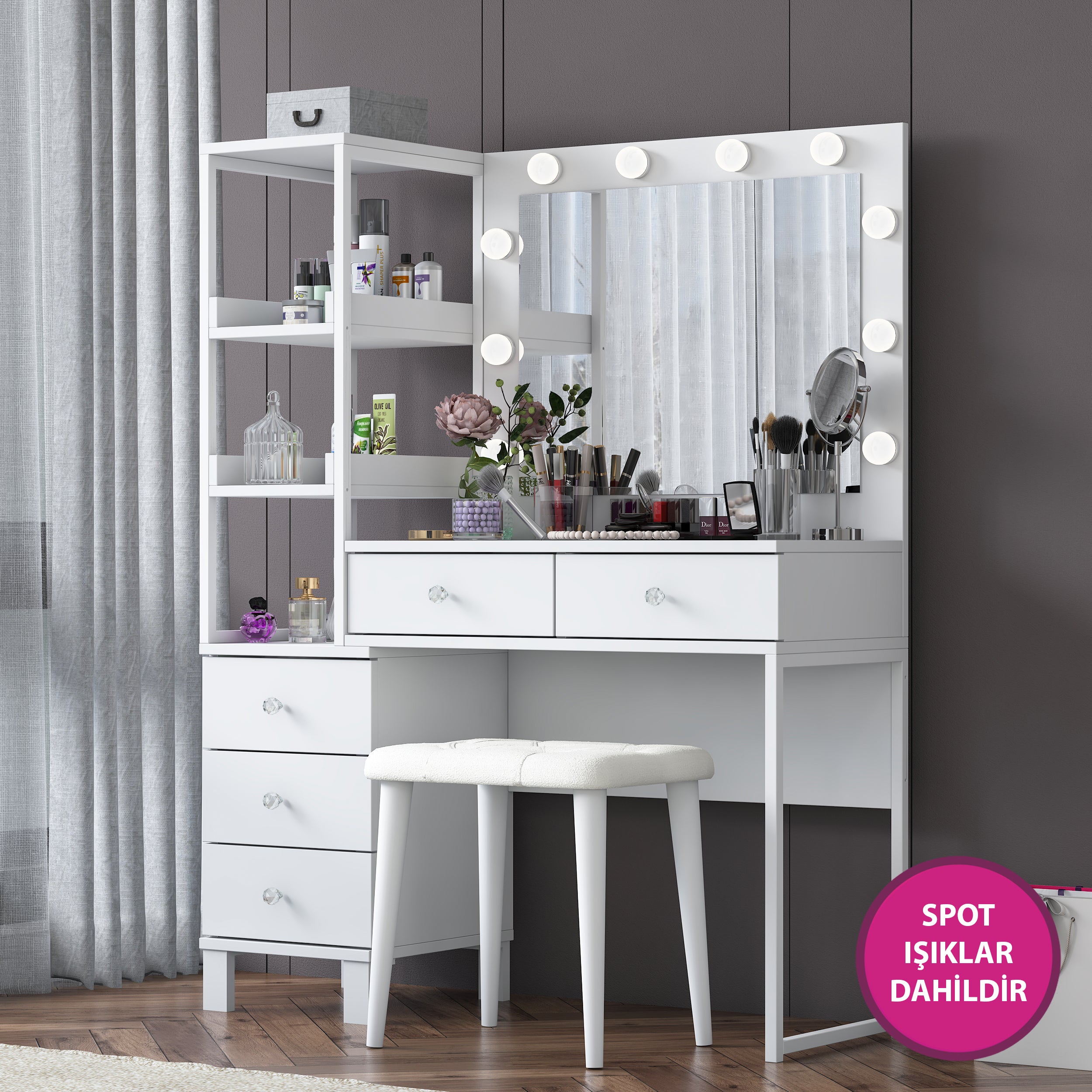 Rani BJ155 Makyaj Masası 5 Çekmeceli Raflı Işıklı Aynalı Takı Düzenleyici Puf Takım Beyaz