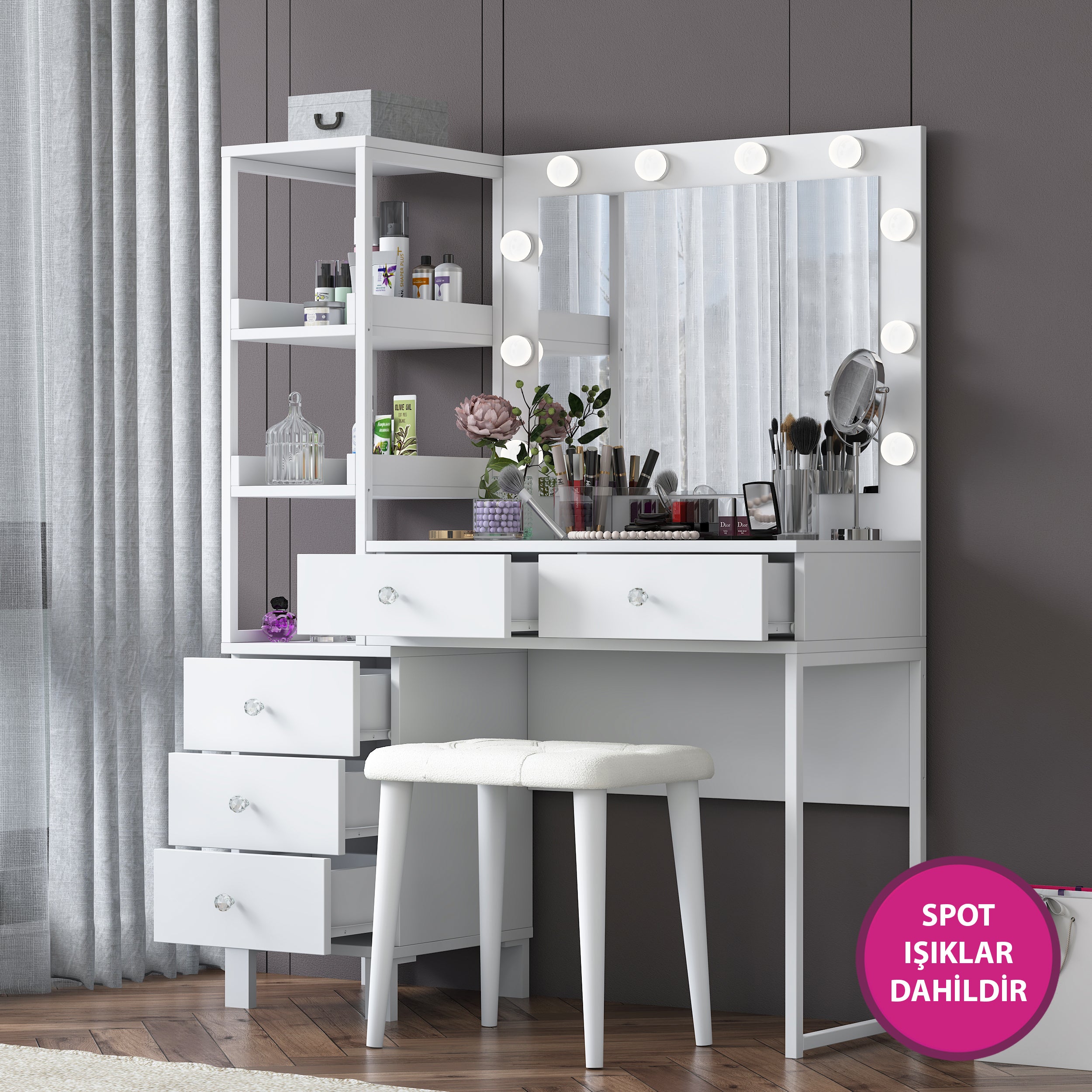 Rani BJ155 Makyaj Masası 5 Çekmeceli Raflı Işıklı Aynalı Takı Düzenleyici Puf Takım Beyaz