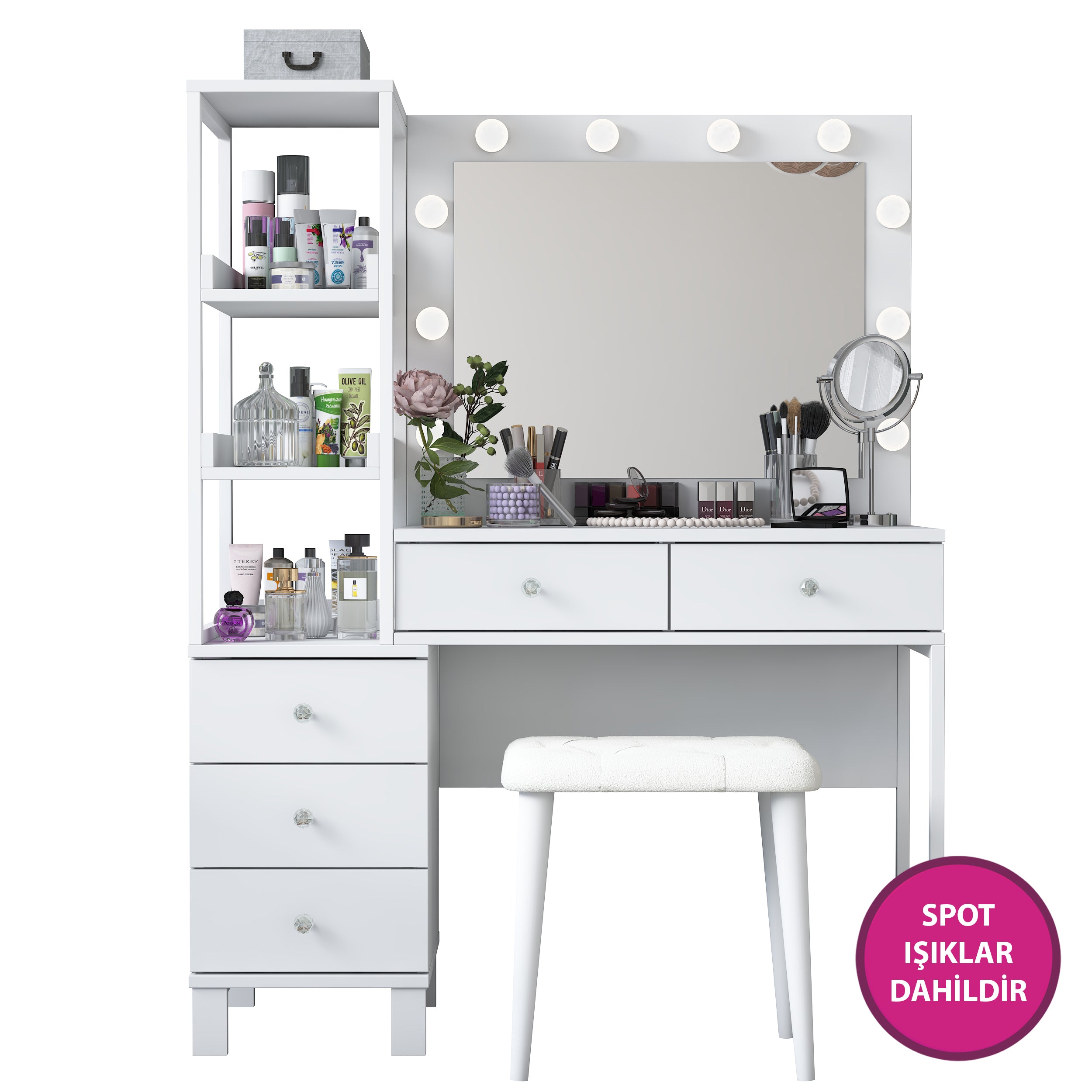 Rani BJ155 Makyaj Masası 5 Çekmeceli Raflı Işıklı Aynalı Takı Düzenleyici Puf Takım Beyaz