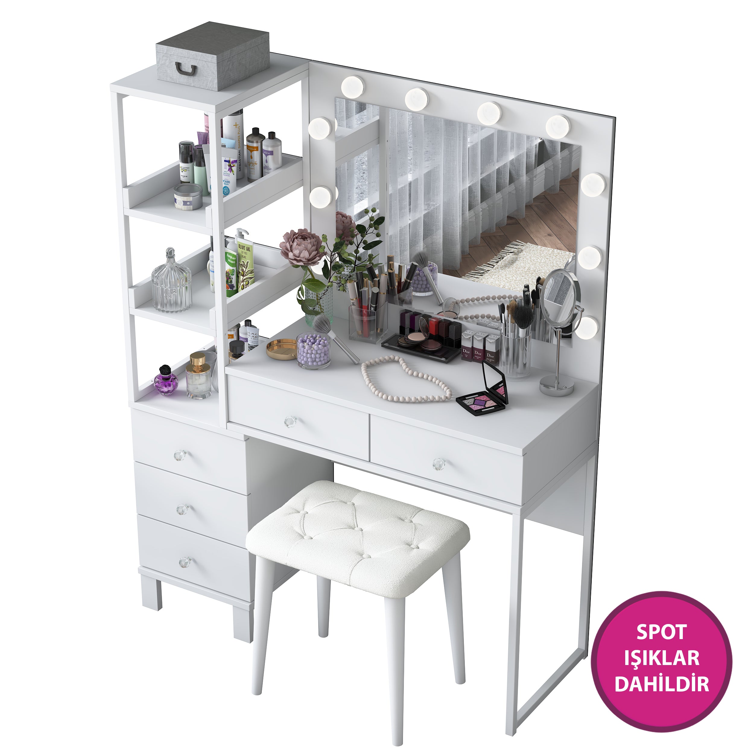 Rani BJ155 Makyaj Masası 5 Çekmeceli Raflı Işıklı Aynalı Takı Düzenleyici Puf Takım Beyaz