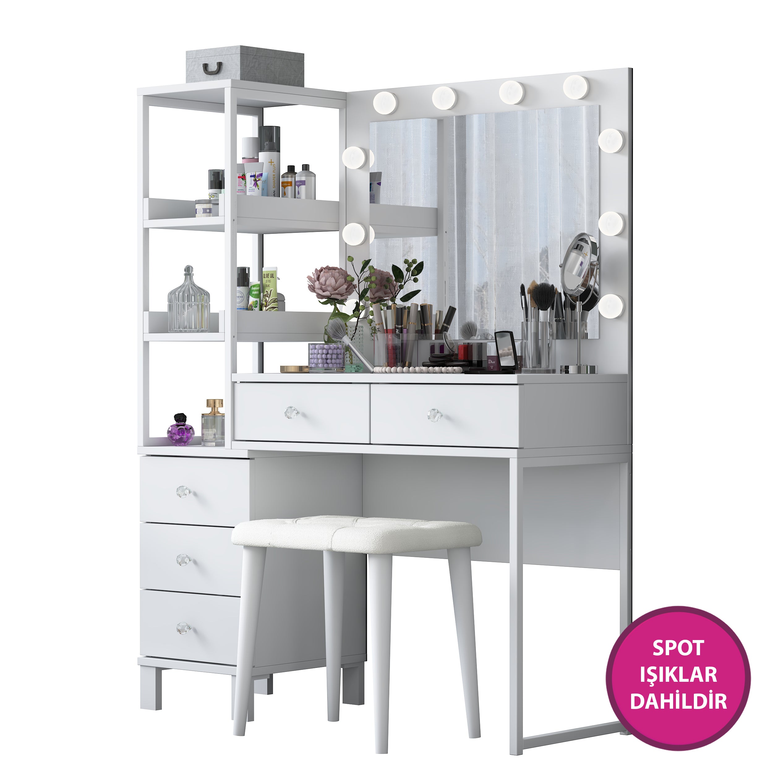 Rani BJ155 Makyaj Masası 5 Çekmeceli Raflı Işıklı Aynalı Takı Düzenleyici Puf Takım Beyaz