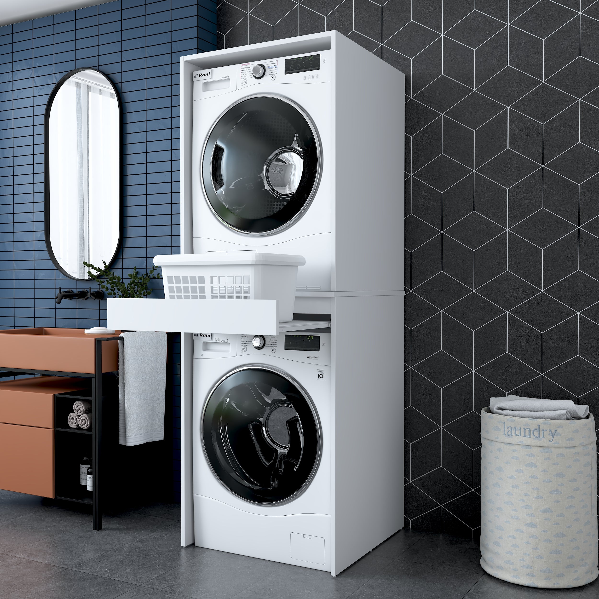 Rani KD113 Çamaşır Ve Kurutma Makinesi Dolabı Çekmeceli Banyo Dolabı Beyaz