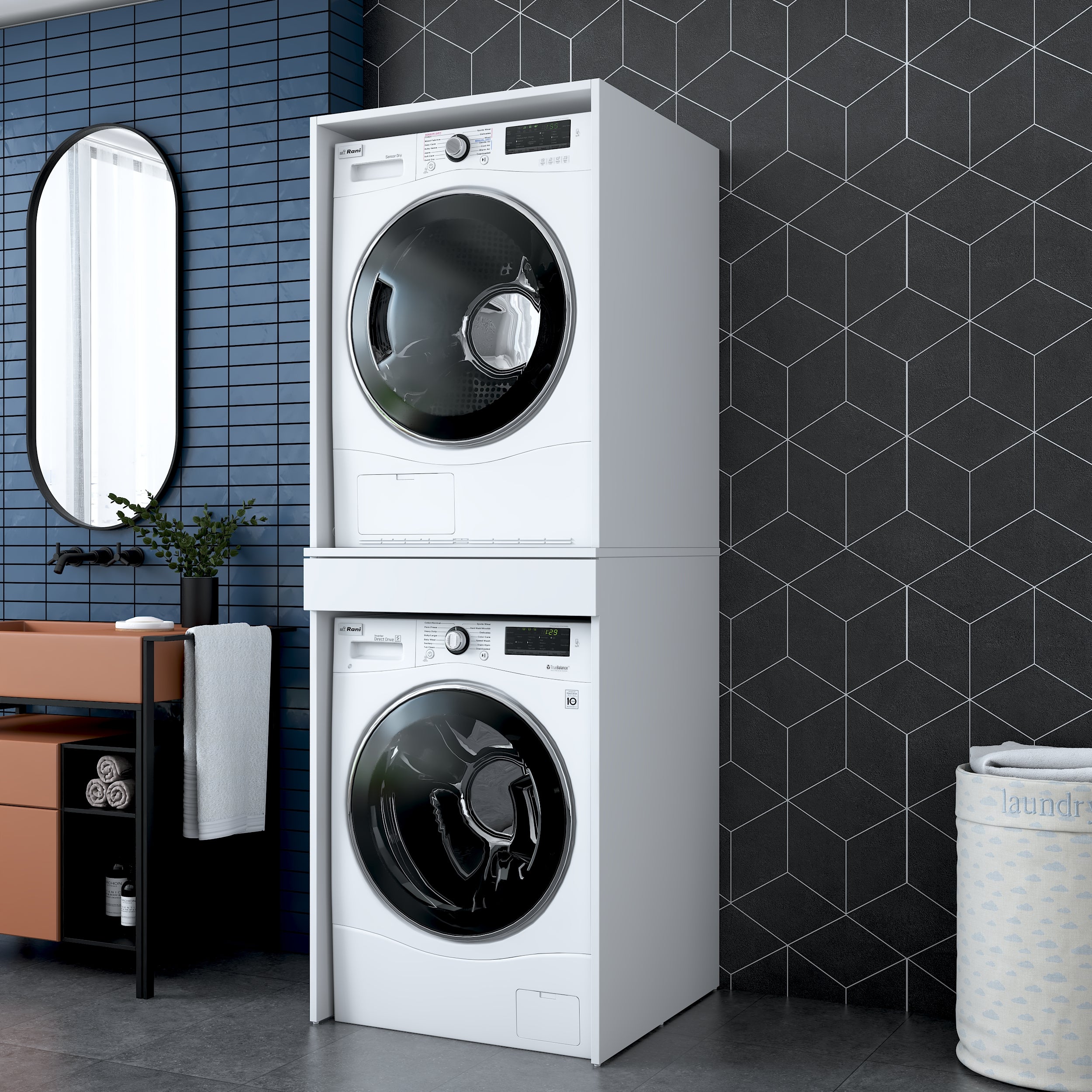 Rani KD113 Çamaşır Ve Kurutma Makinesi Dolabı Çekmeceli Banyo Dolabı Beyaz