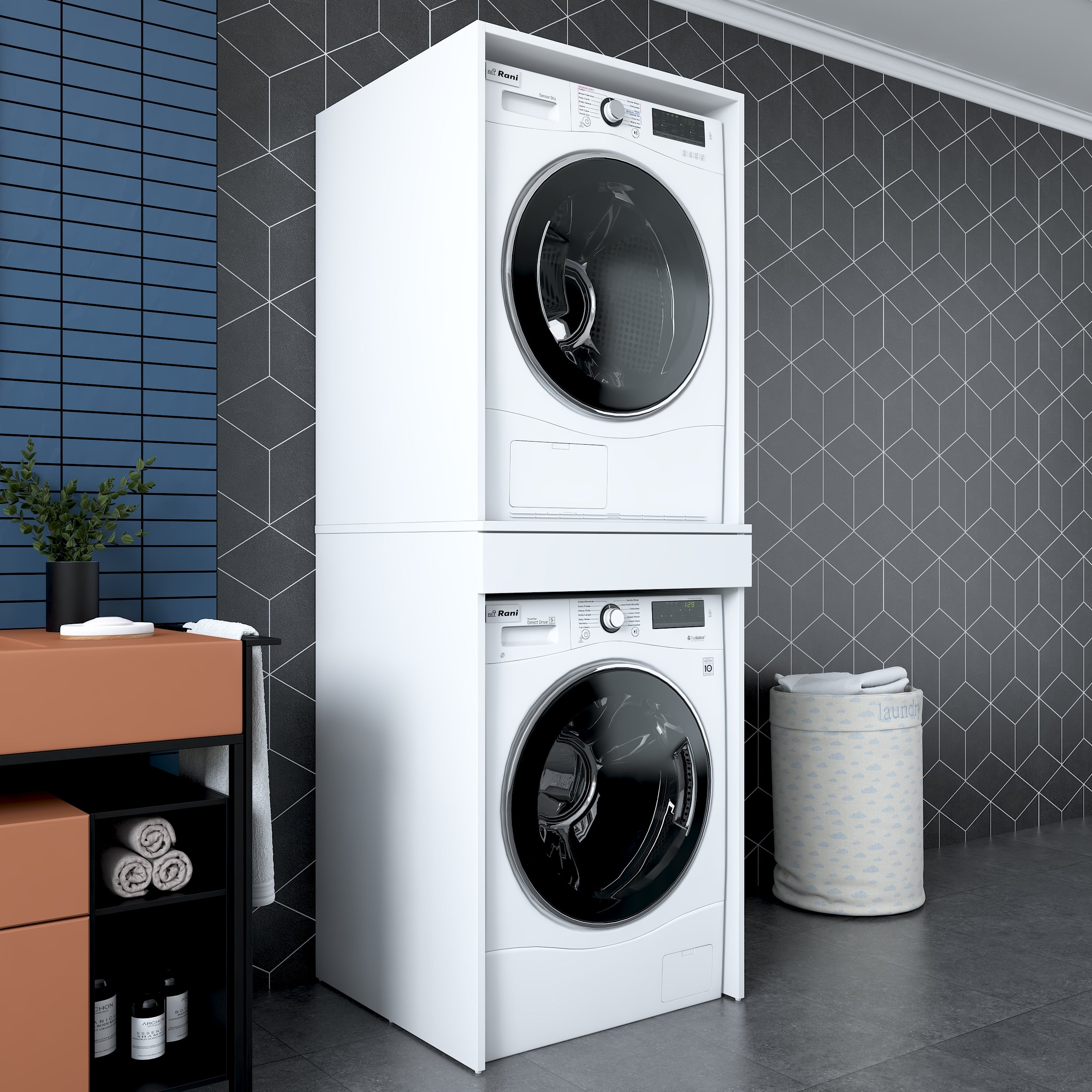 Rani KD113 Çamaşır Ve Kurutma Makinesi Dolabı Çekmeceli Banyo Dolabı Beyaz
