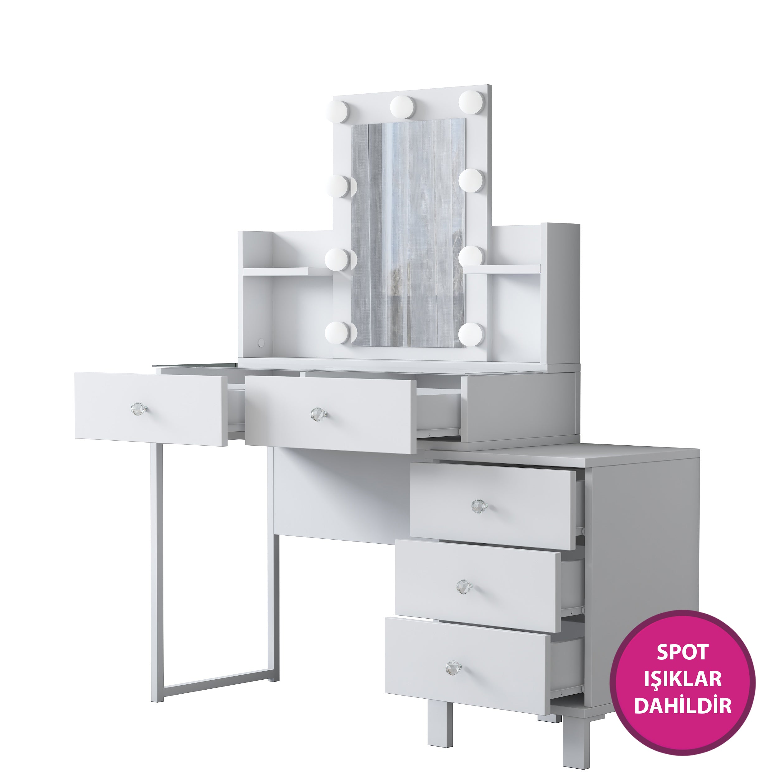 Rani BJ152 Hollywood Işıklı Aynalı Kulis Makyaj Masası Cam Tablalı 5 Çekmeceli Takı Düzenleyici Beyaz