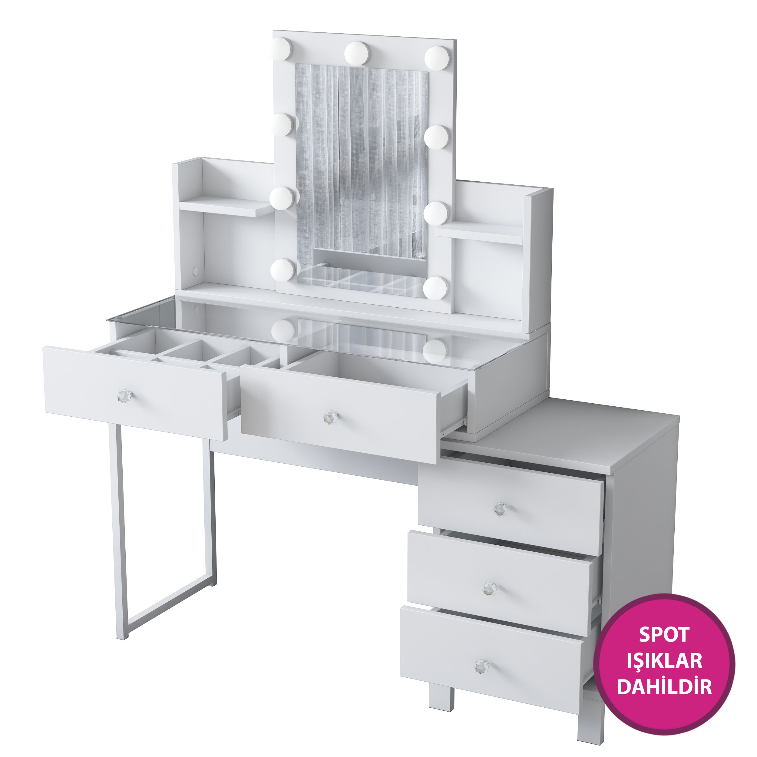 Rani BJ152 Hollywood Işıklı Aynalı Kulis Makyaj Masası Cam Tablalı 5 Çekmeceli Takı Düzenleyici Beyaz