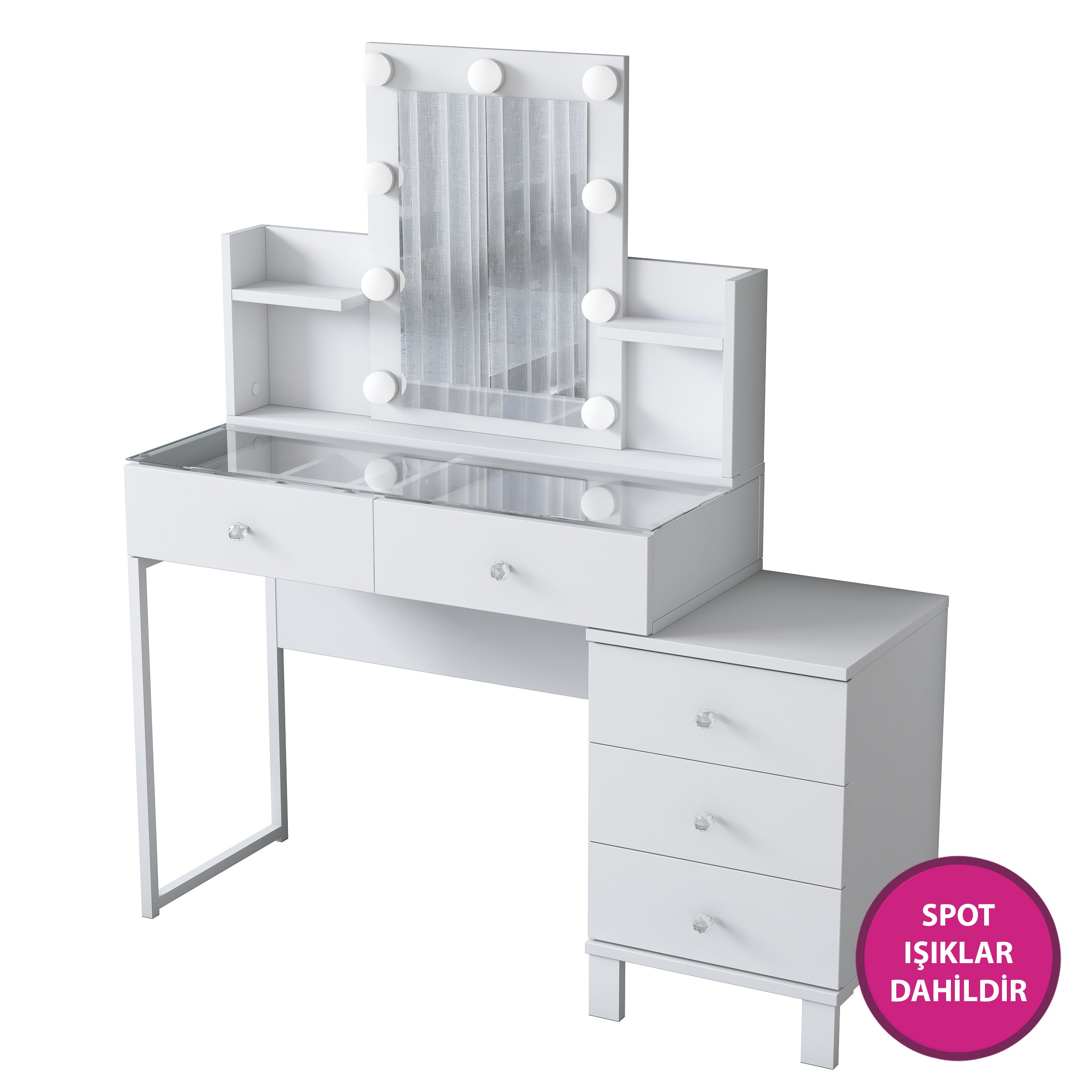 Rani BJ152 Hollywood Işıklı Aynalı Kulis Makyaj Masası Cam Tablalı 5 Çekmeceli Takı Düzenleyici Beyaz