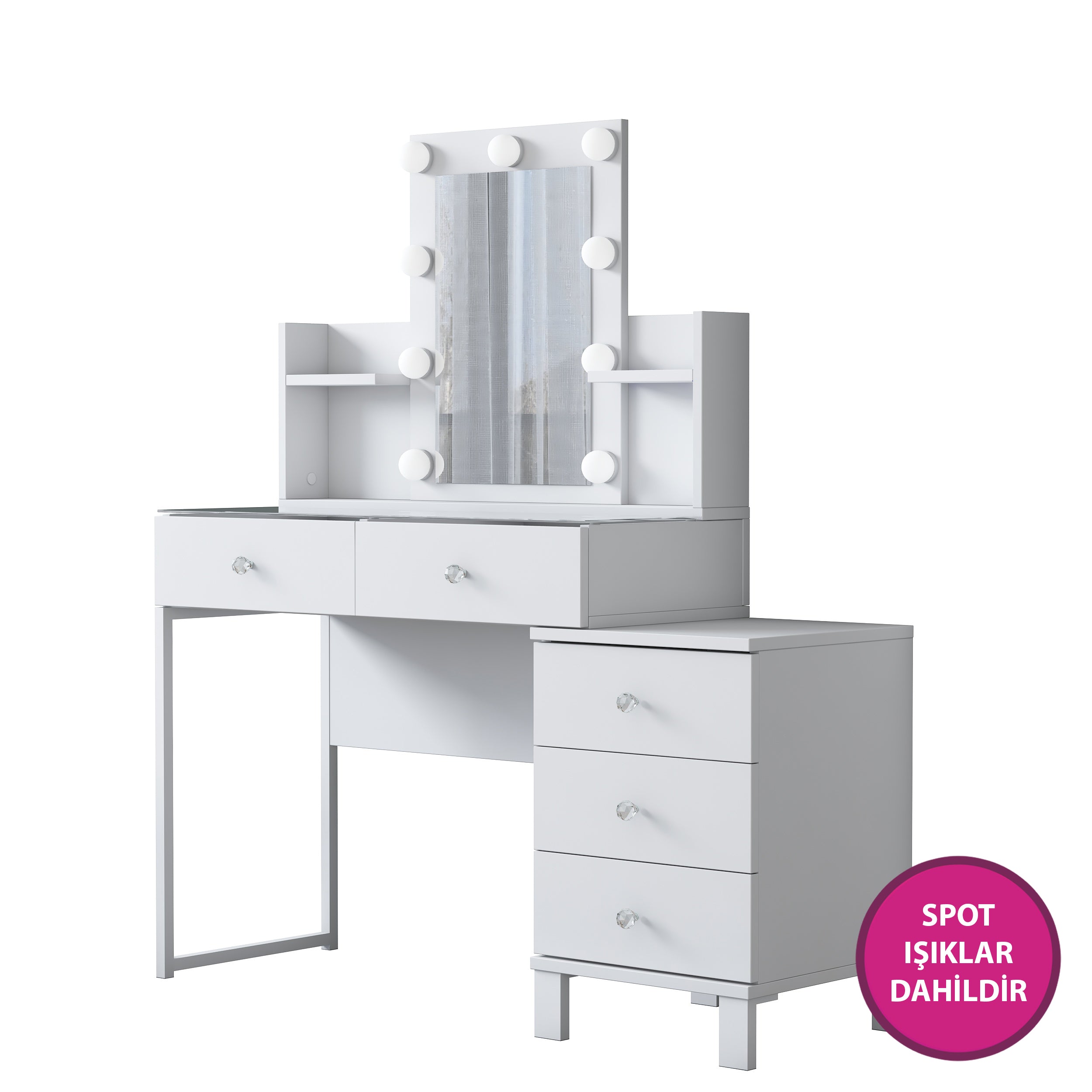 Rani BJ152 Hollywood Işıklı Aynalı Kulis Makyaj Masası Cam Tablalı 5 Çekmeceli Takı Düzenleyici Beyaz