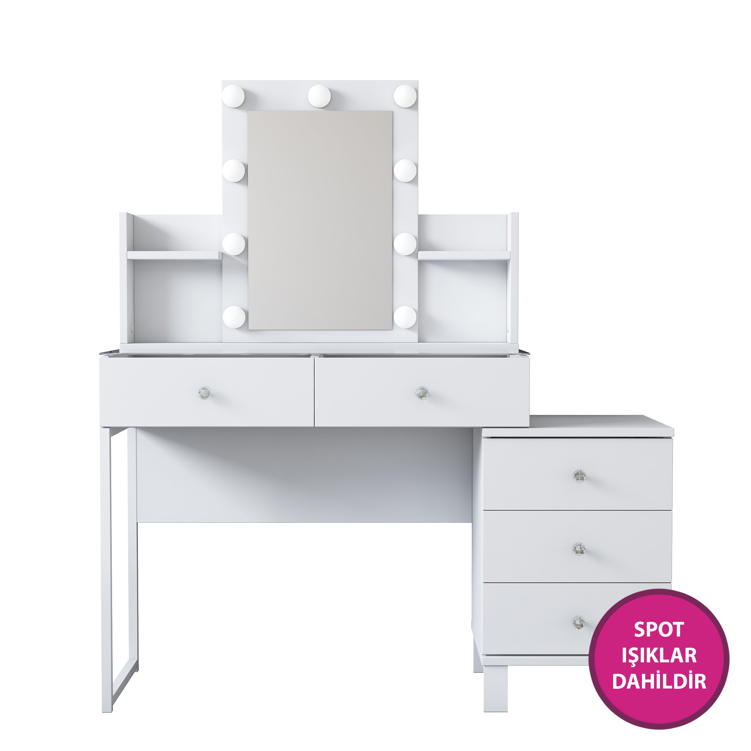 Rani BJ152 Hollywood Işıklı Aynalı Kulis Makyaj Masası Cam Tablalı 5 Çekmeceli Takı Düzenleyici Beyaz