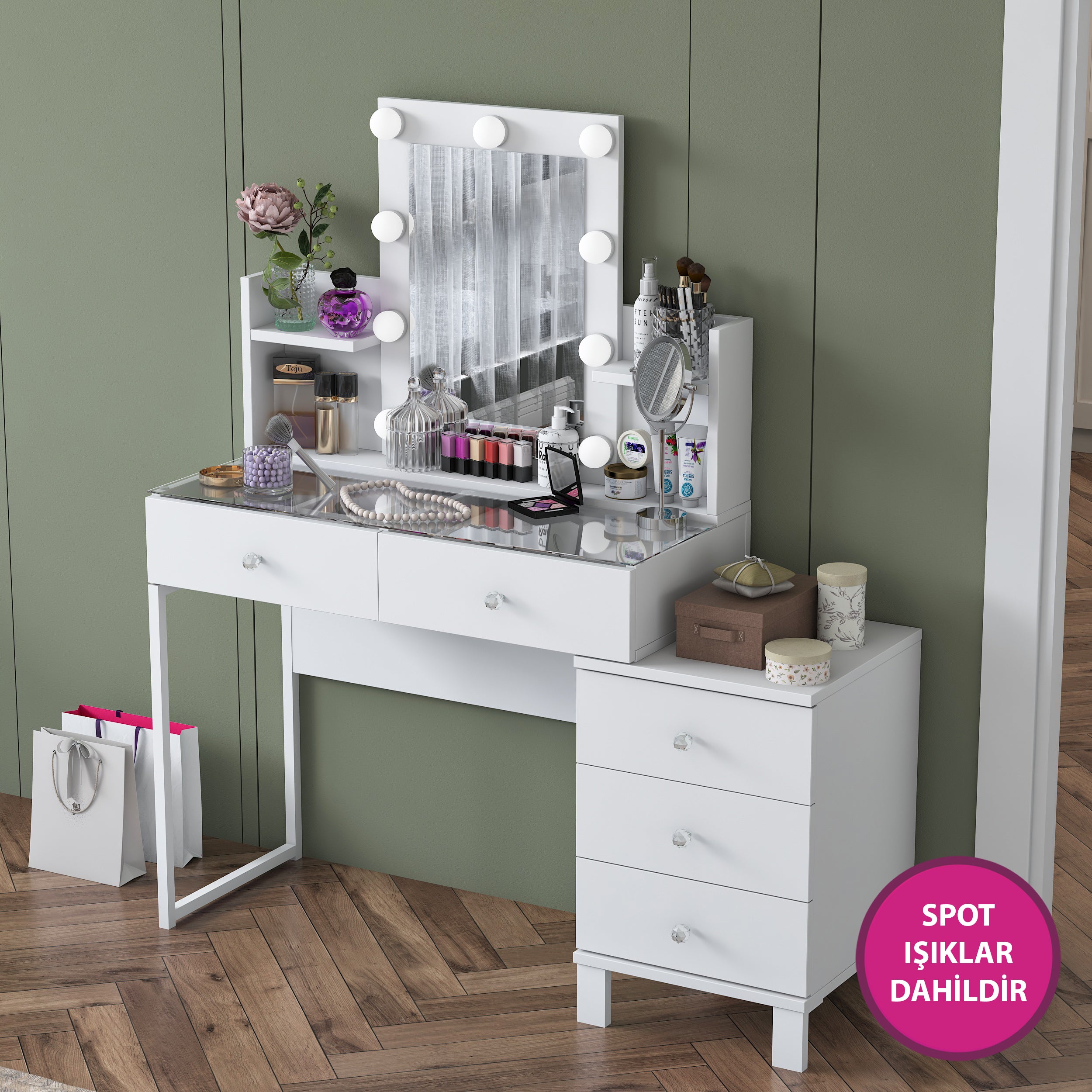 Rani BJ152 Hollywood Işıklı Aynalı Kulis Makyaj Masası Cam Tablalı 5 Çekmeceli Takı Düzenleyici Beyaz