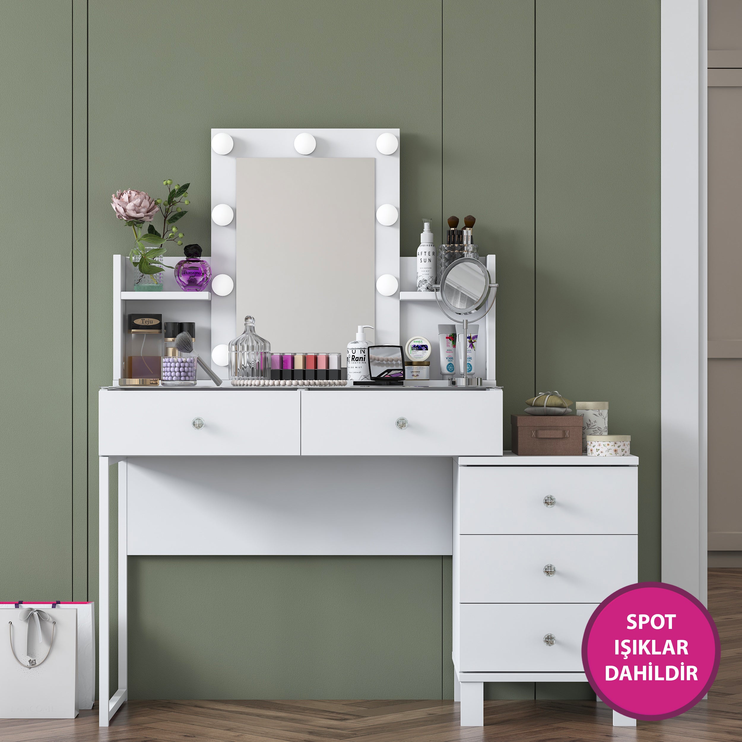 Rani BJ152 Hollywood Işıklı Aynalı Kulis Makyaj Masası Cam Tablalı 5 Çekmeceli Takı Düzenleyici Beyaz