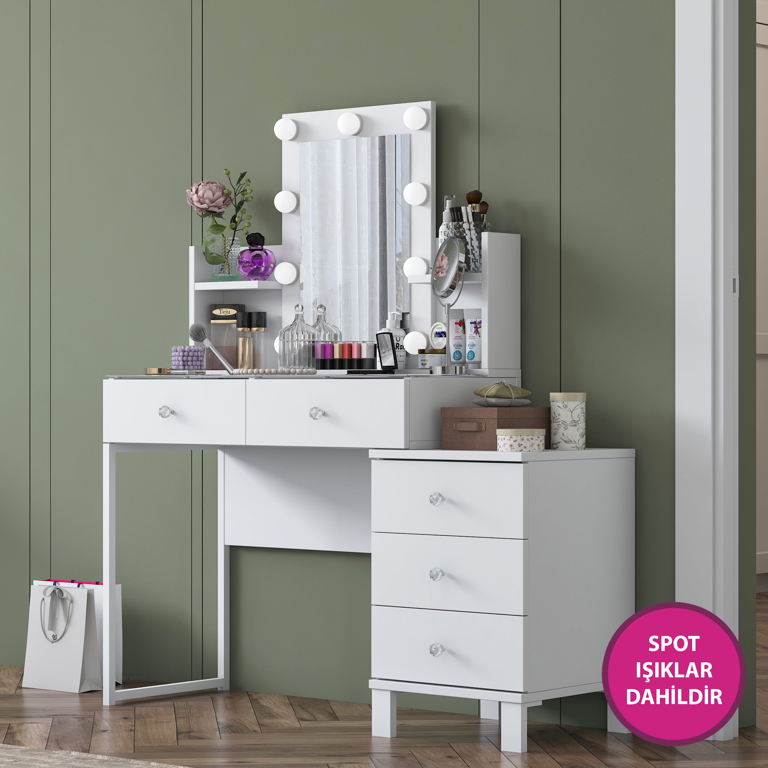 Rani BJ152 Hollywood Işıklı Aynalı Kulis Makyaj Masası Cam Tablalı 5 Çekmeceli Takı Düzenleyici Beyaz