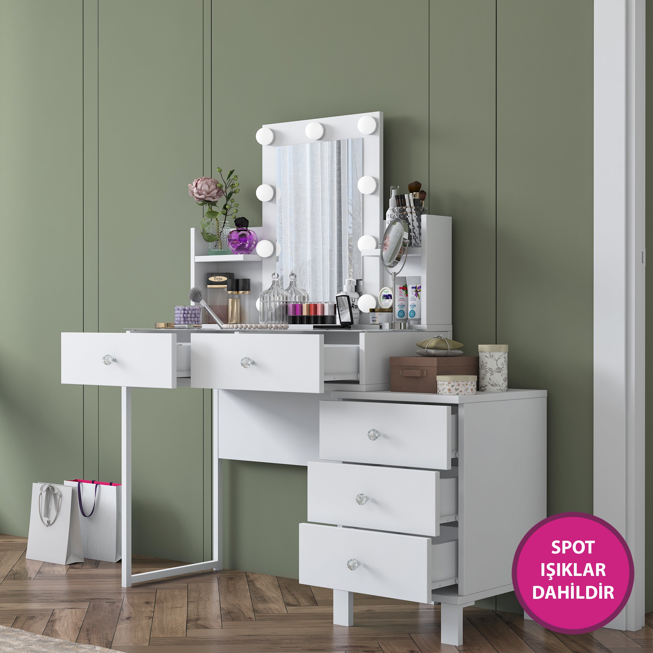 Rani BJ152 Hollywood Işıklı Aynalı Kulis Makyaj Masası Cam Tablalı 5 Çekmeceli Takı Düzenleyici Beyaz