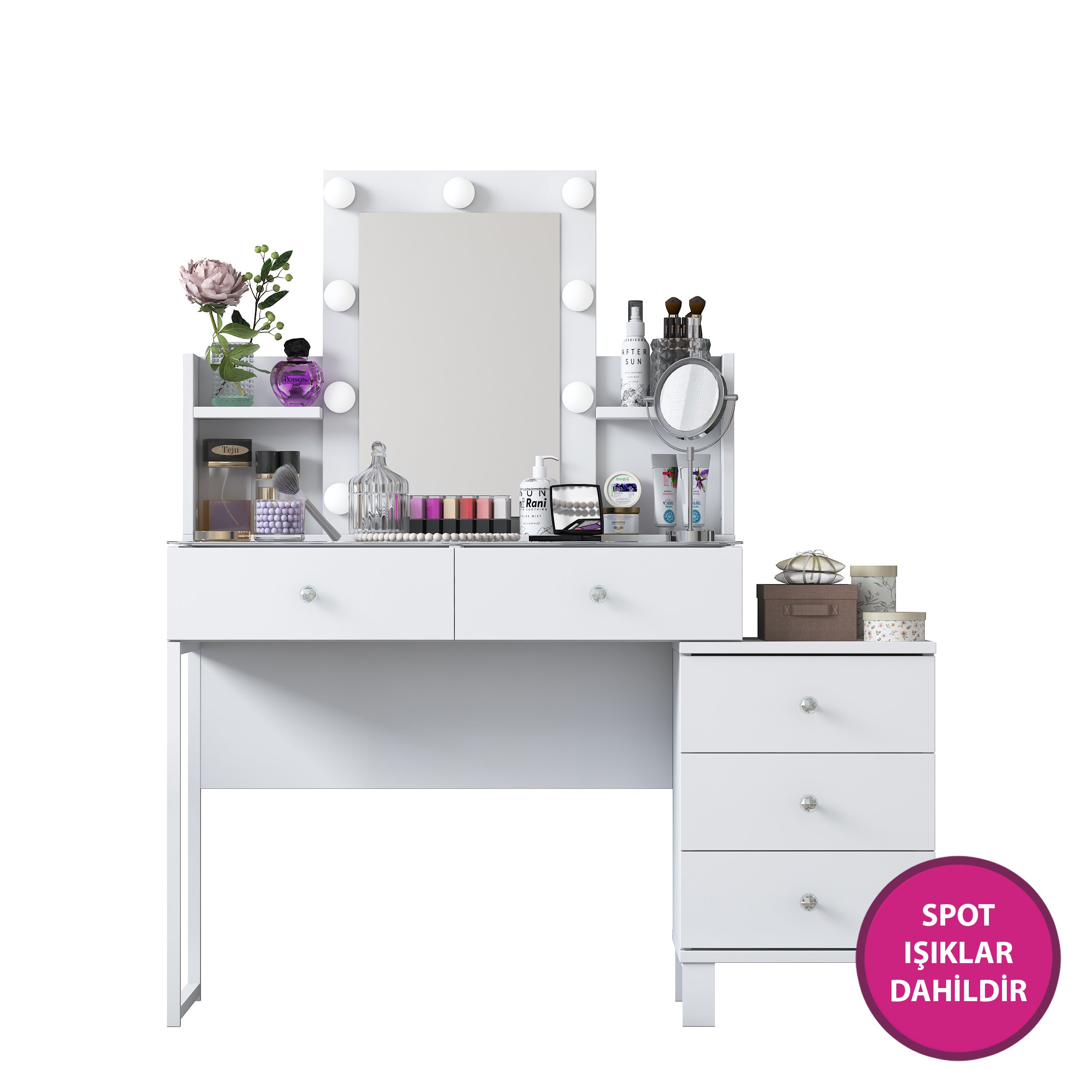 Rani BJ152 Hollywood Işıklı Aynalı Kulis Makyaj Masası Cam Tablalı 5 Çekmeceli Takı Düzenleyici Beyaz