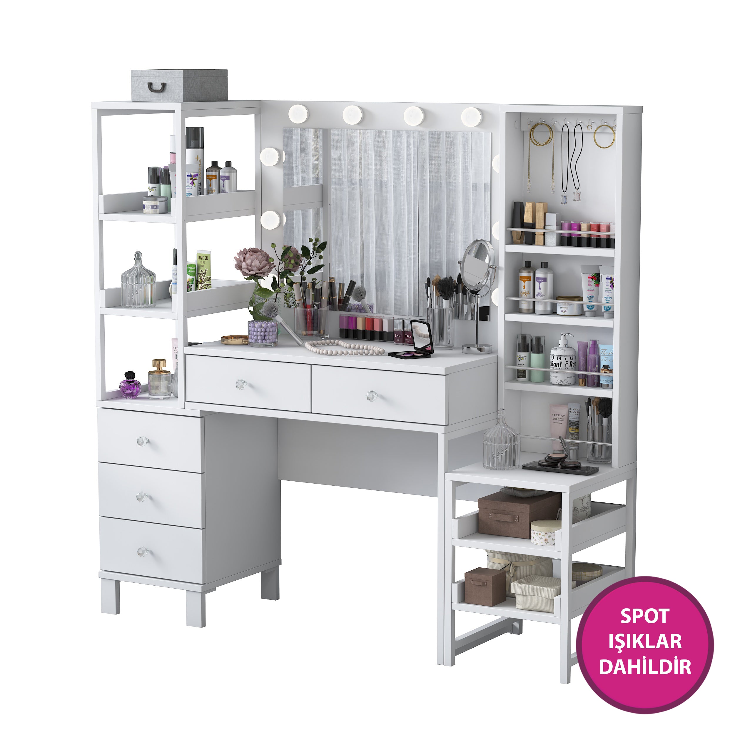 Rani BJ154 Hollywood Işıklı Aynalı Kulis Makyaj Masası 5 Çekmeceli Açık Raflı Takı Düzenleyici Beyaz